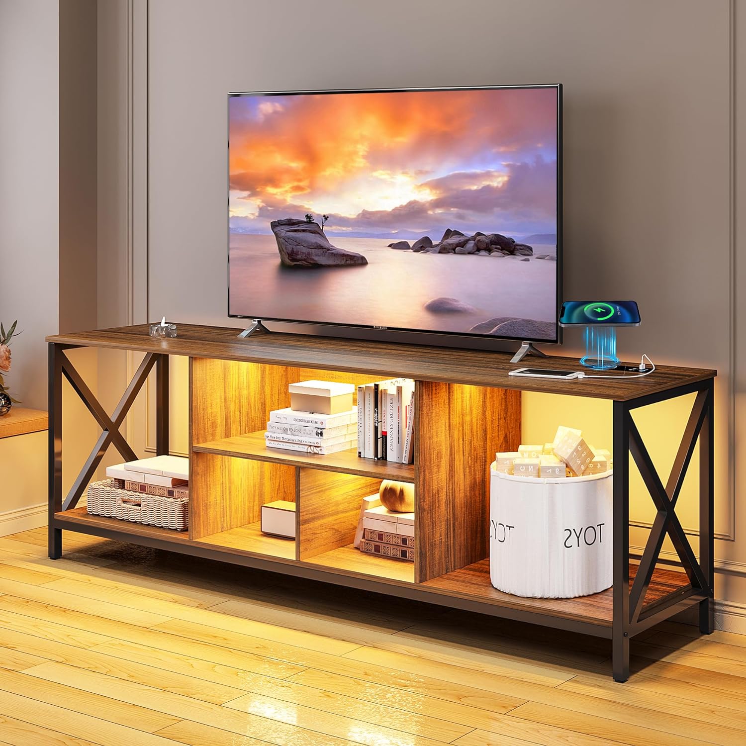 LED TV Stand with 3 LED Lights, Entertainment Center with Wireless/USB/Type-C Charging Station, Television Stands for 75  Inch TV, TV Cabinet for Living Room/Bedroom/Office (Brown)