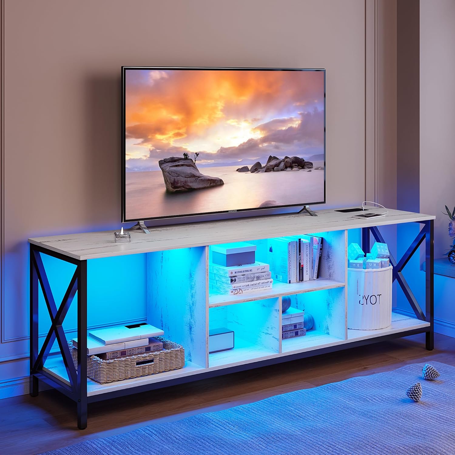 LED TV Stand with 3 LED Lights, Entertainment Center with Wireless/USB/Type-C Charging Station, Television Stands for 75  Inch TV, TV Cabinet for Living Room/Bedroom/Office (White)