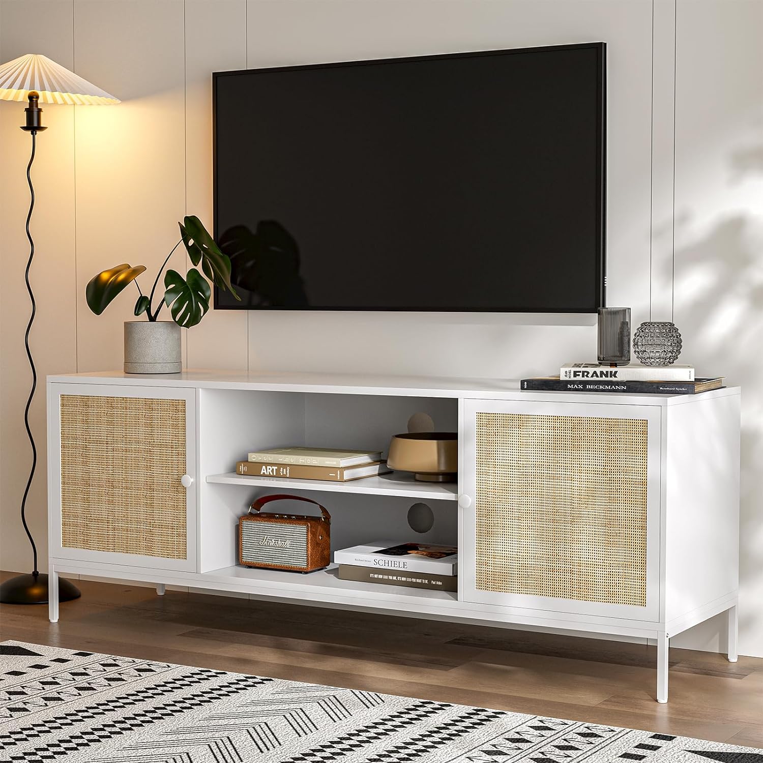 IKIFLY Rattan TV Stand 65 Inch TV Table, White TV Stand Mid Century Modern, Farmhouse Entertainment Center with 2 Rattan Doors for Living Room