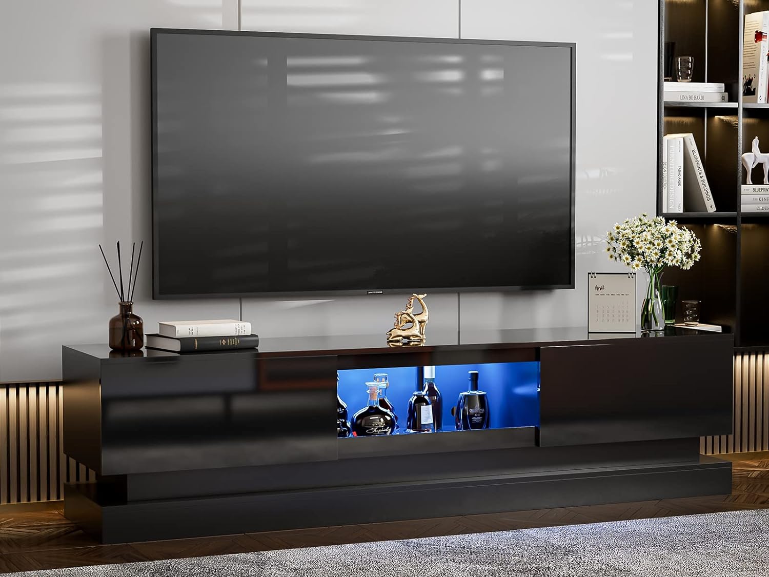 IKIFLY Modern LED TV Stand for 85+ inch TV, Black Entertainment Center with Storage Cabinet and LED Lights for Living Room