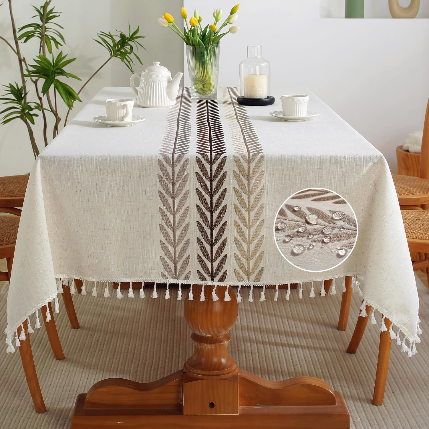 Table Cloth Rectangle Table, Heavy Duty Cotton Linen Waterproof Tablecloths Farmhouse Tablecloth, Soft and Wrinkle Free Table Cover with Tassels, Square, 55''x55'', 4 Seats