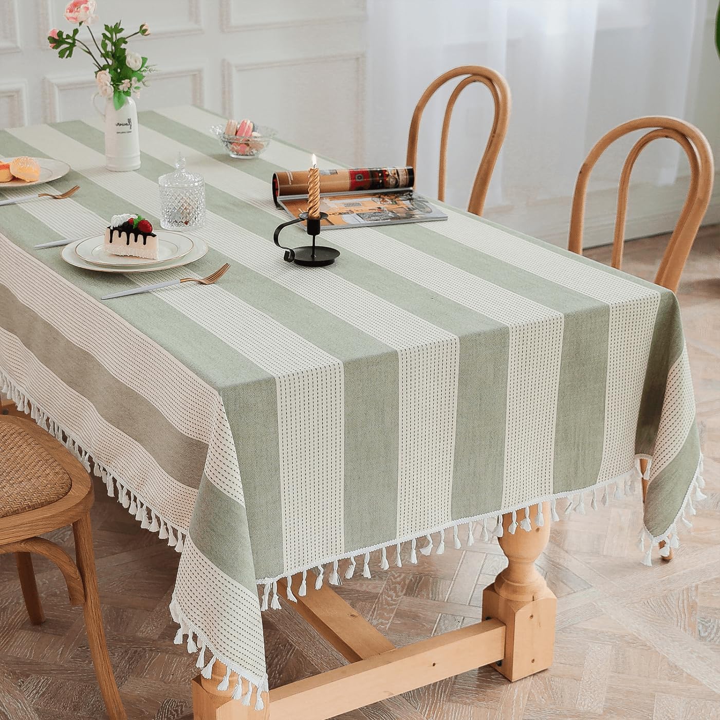 Cotton Linen Tablecloth for Rectangle Table, Farmhouse Striped Sage Green Tablecloth, Soft Fabric Table Cloths for Kitchen Dining Table (Green, 55''x86'')