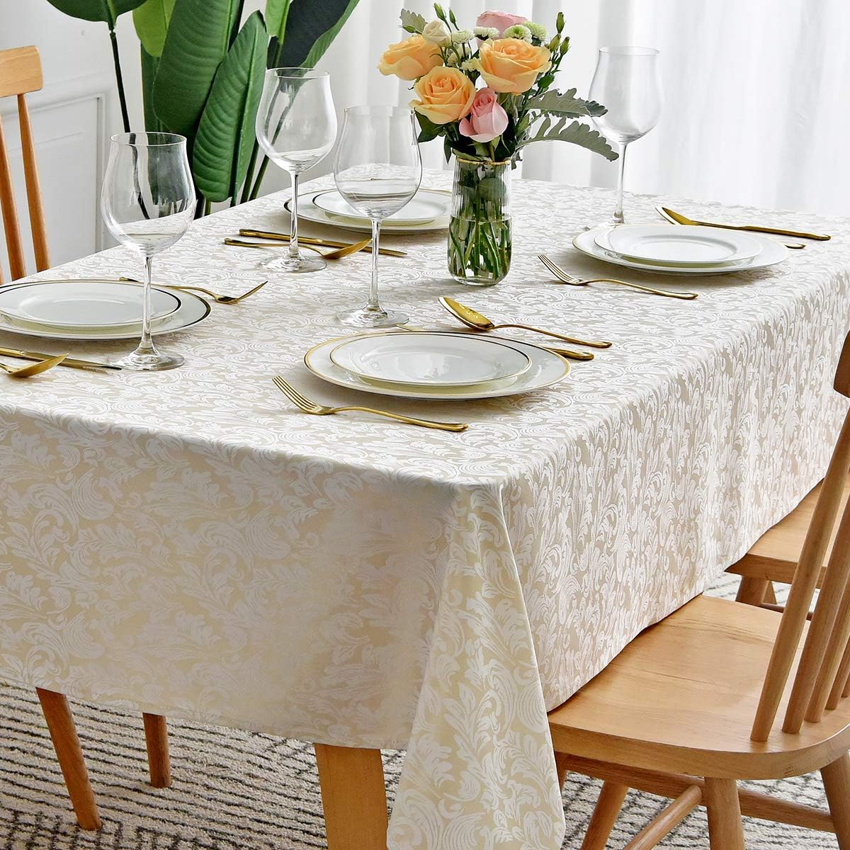 maxmill Jacquard Table Cloth Damask Pattern Spillproof Wrinkle Resistant Heavy Weight Soft Tablecloth for Kitchen Dinning Tabletop Outdoor Picnic Rectangle 52 x 70 Inch Beige with White