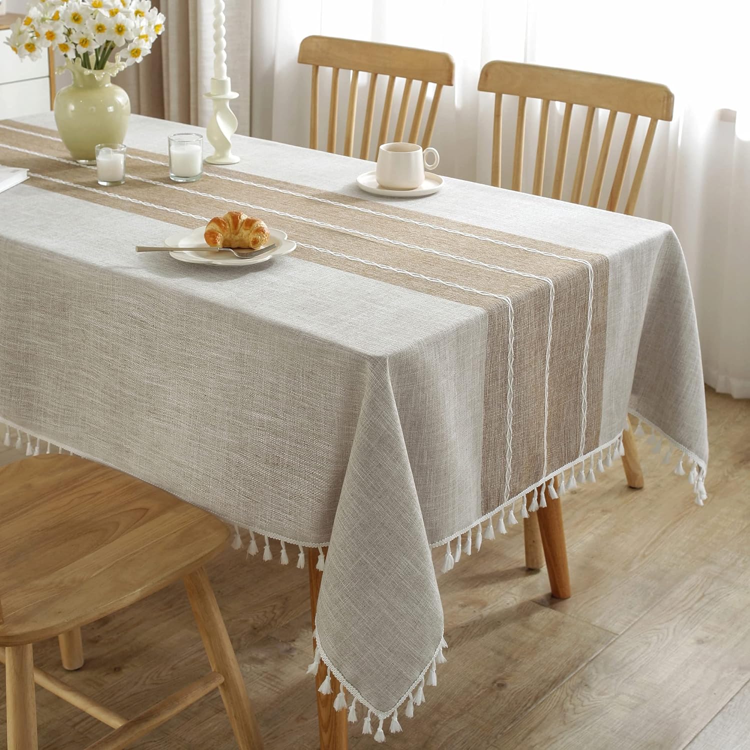 Tablecloths for Rectangle Tables, Cotton Linen Table Cloth Waterproof Tablecloth Wrinkle Free Farmhouse Dining Table Cover, Soft Fabric Table Cloths with Tassels, Brown, 55 X 70, 4-6 Seats