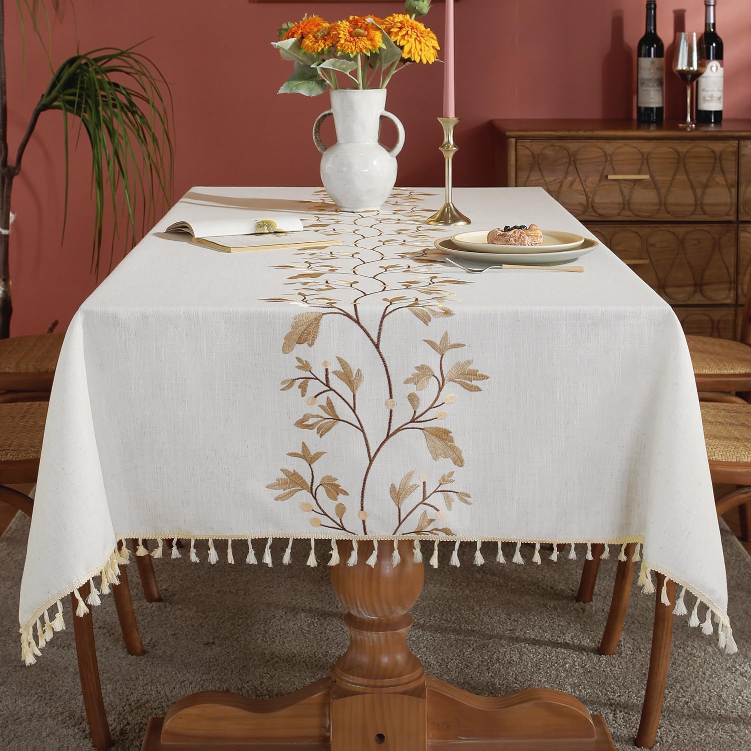 Laolitou Cotton Linen Waterproof Table Cloth for Dining Table Farmhouse Kitchen Rectangle Tablecloth Coffee Wrinkle Free Table Cover, Beige, Coffee Flower, 55x70 Inch