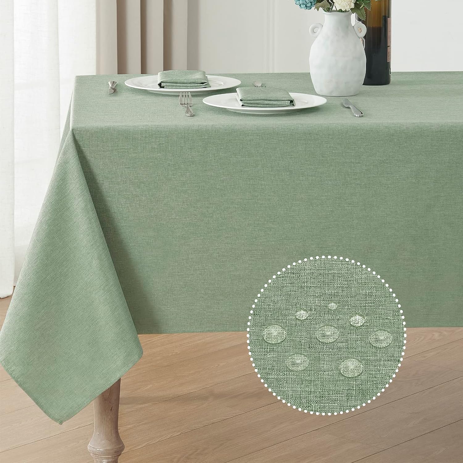 Rectangle Tablecloth Linen Textured Waterproof & Stain Resistant Table Cloth Wrinkle Free Decorative Fabric Farmhouse Table Cover for Dining/Party/Buffet/Wedding, 52 x 70 Inch, Sage Green