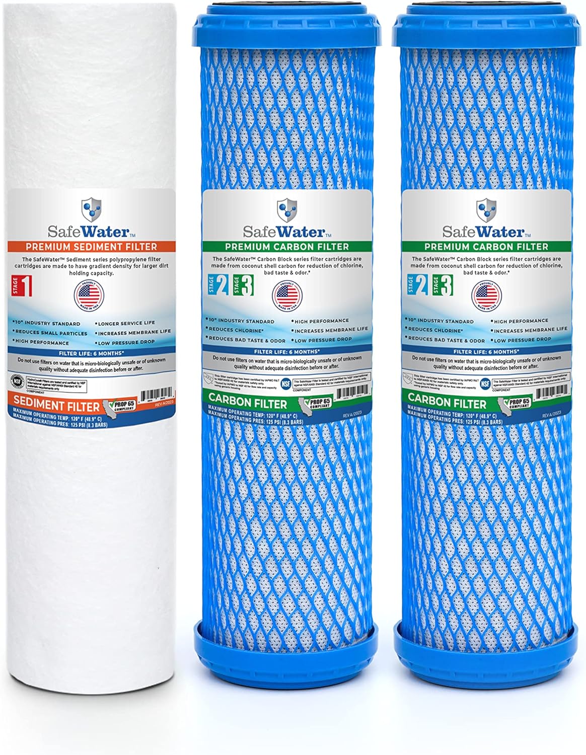 RO Essentials Kit: (2) Premium Carbon Block Filters & (1) Premium Sediment Filter- Made in U.S.A & NSF Certified to Reduce Fines, Sediment, Chlorine, Taste, Odor, and Harsh Chemicals.