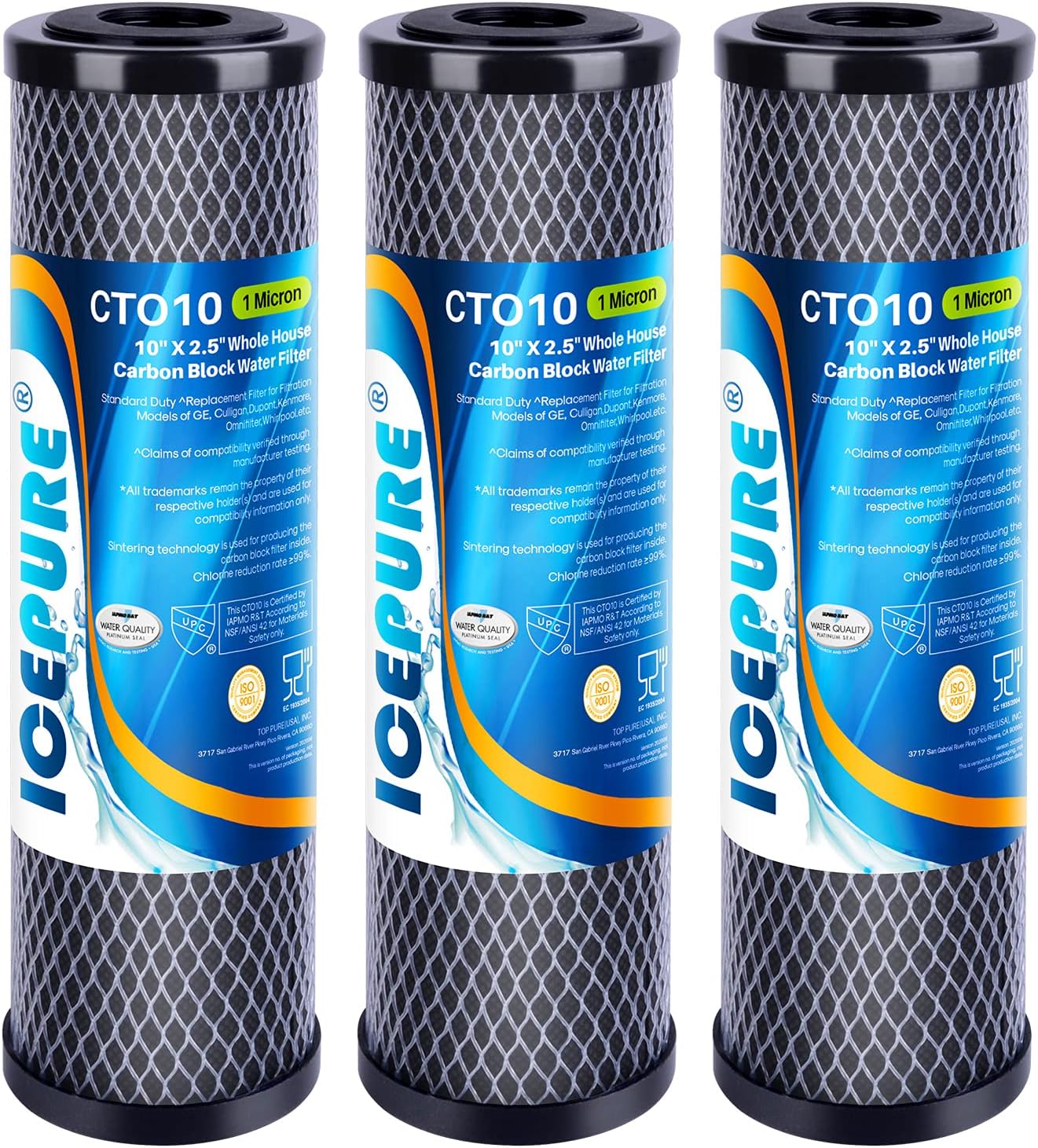 ICEPURE 1 Micron 2.5 x 10 Whole House CTO Carbon Sediment Water Filter Cartridge Compatible with DuPont WFPFC8002, WFPFC9001, SCWH-5, WHCF-WHWC, WHCF-WHWC, FXWTC, CBC-10, RO Unit, Pack of 3