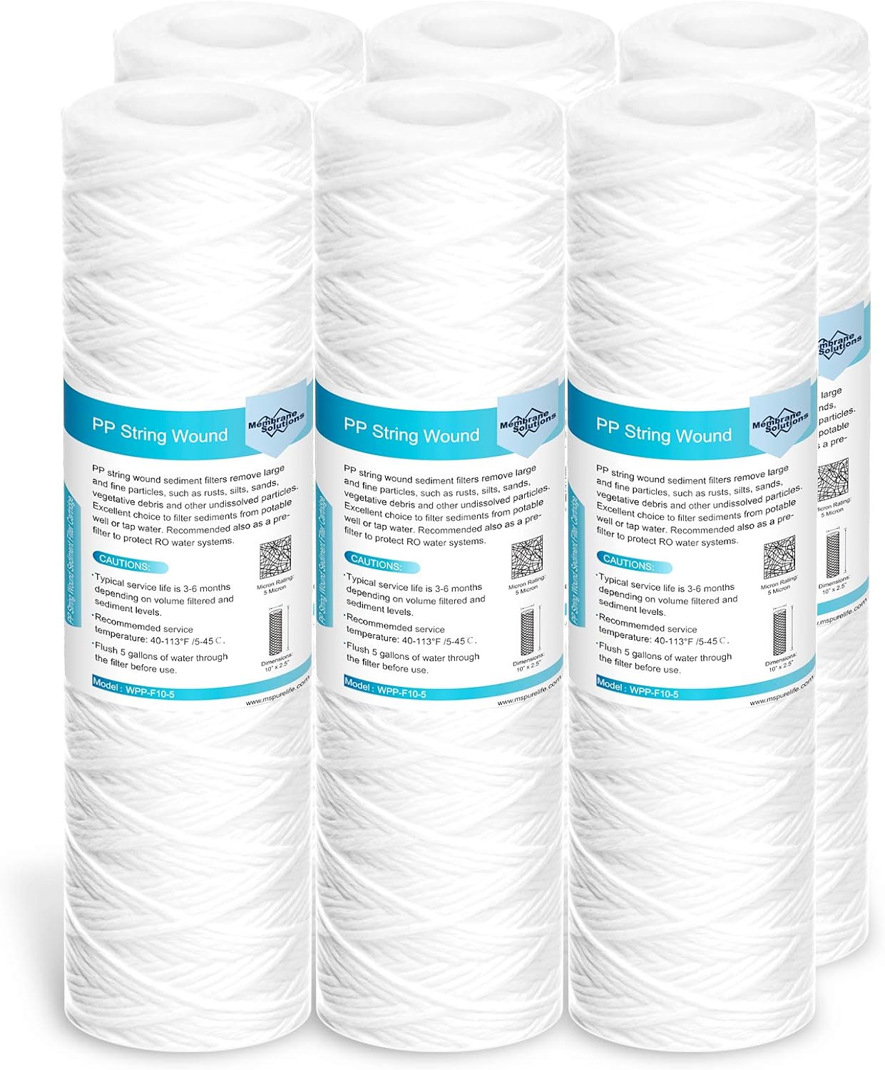 Membrane Solutions 5 Micron 10x2.5 String Wound Whole House Water Filter Replacement Cartridge Universal Sediment Filters for Well Water - 6 Pack