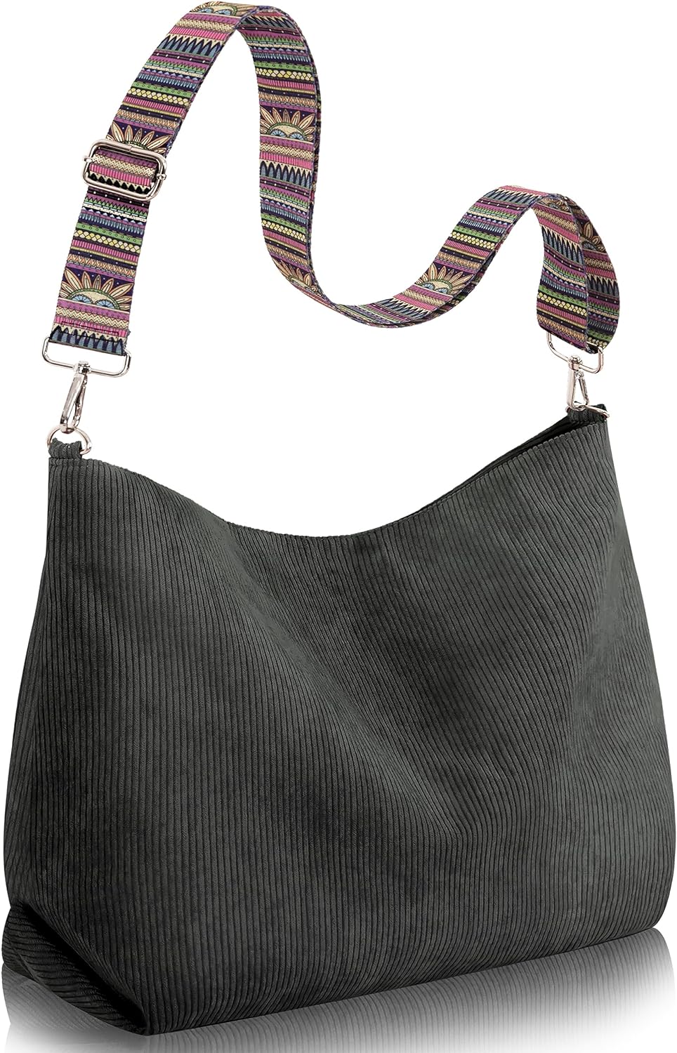 Boy, I really like this bag! It reminds me of something I'd use in the 60', updated with the trendy multicolored strap. I love that you can use different straps, for a completely different look. The strap adjusts for shoulder or cross body length, and is very comfortable. I bought the dark gray, a super versatile color.One reason I selected the dark gray was because I love the colors in the strap which make it a very unique look. The hardware of the strap is silver, which looks great against th