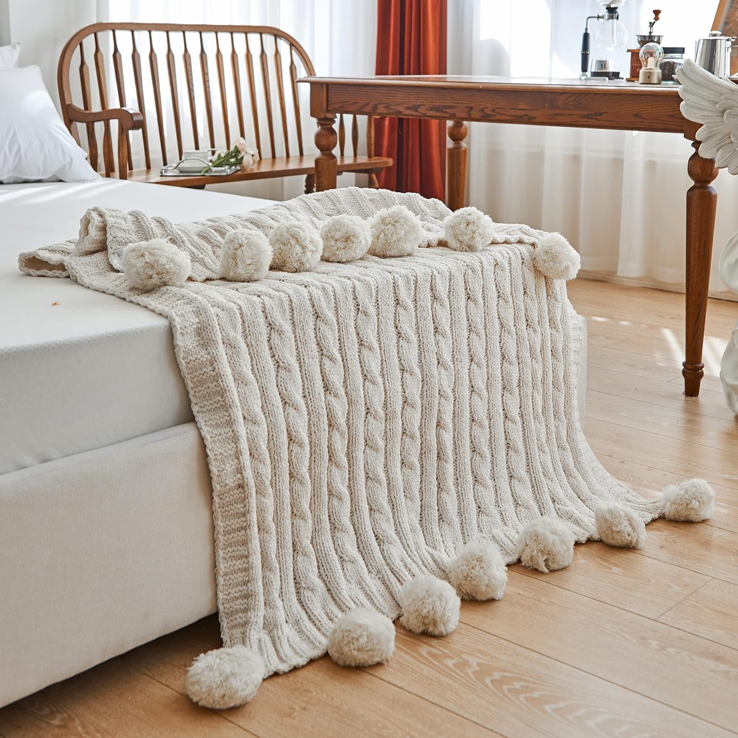 Chenille Chunky Knitted Throw Blanket with 14pcs Pom Poms Tassel Super Soft Cozy Warm Blanket for Sofa Bed Soft Couch 50 x60 inches (White)-