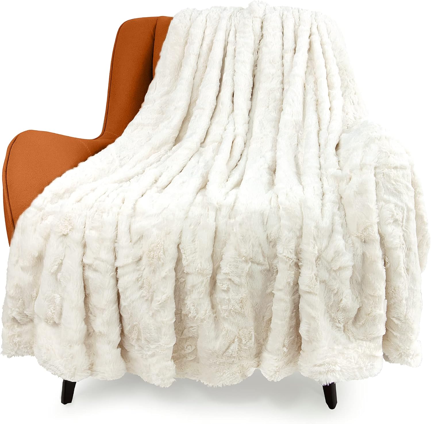 TOONOW Faux Fur Luxury Throw Blanket,Double Side Soft Fluffy Shaggy Fuzzy Blanket for Couch Sofa Bed (Cream White, Throw)