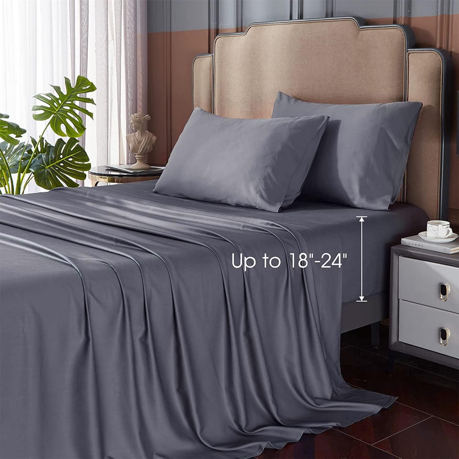 HYPREST 100% Viscose from Bamboo Sheets Queen Deep Pocket Fits 18-24 Thick Mattress, 4 Pieces Grey Bed Sheets, Silky Soft Breathable Luxury Bamboo Cooling Sheets, No Sweat & No Slip Bedding Sheets.