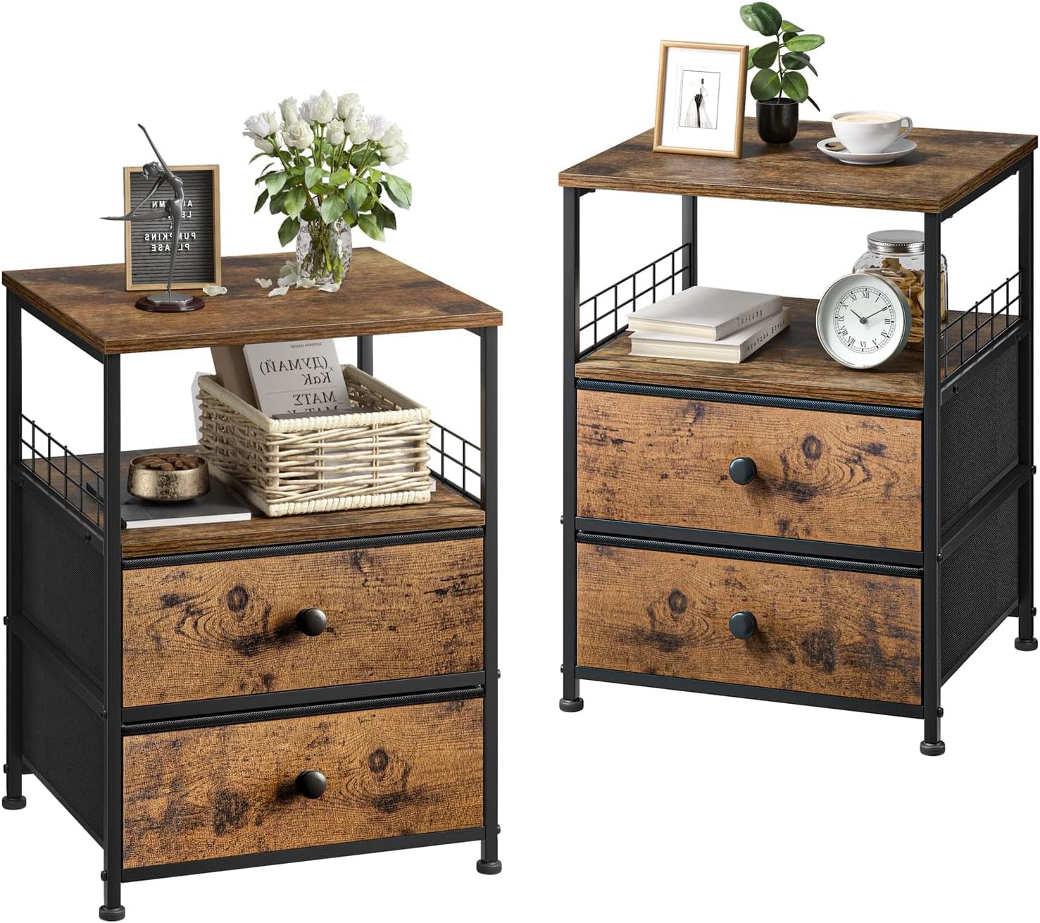 I recently purchased a set of two nightstands, and I am beyond satisfied with my choice. The combination of fabric drawers and an open wood shelf not only enhances the aesthetic appeal of my bedroom but also provides practical storage options. The hard top is incredibly sturdy, offering a reliable surface for placing items like lamps, books, or decor. While the assembly did take some time and patience, the end result was well worth the effort. The quality of the materials used is evident in the 