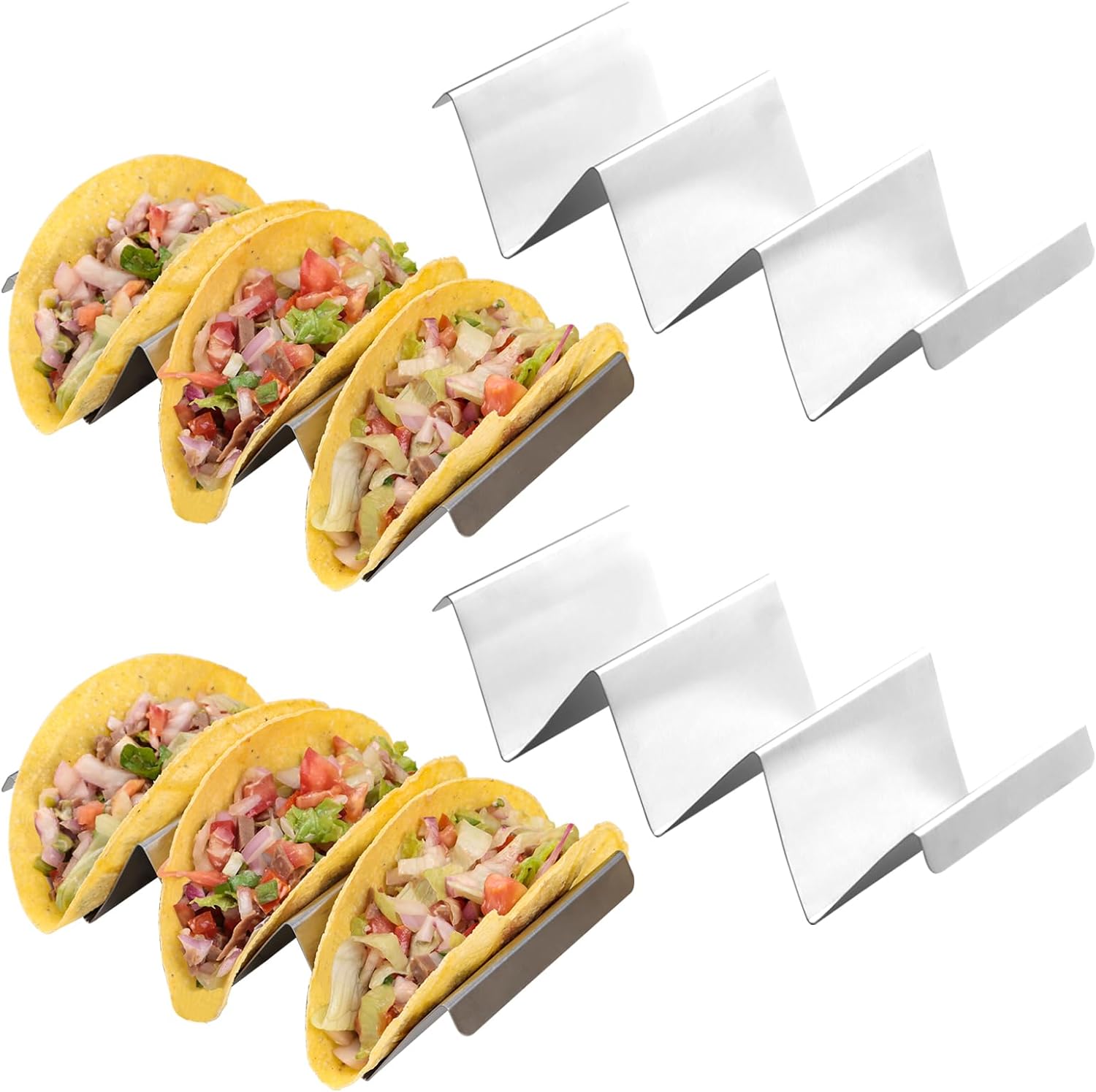 Taco Holders Set of 4 - Premium Stainless Steel Taco Stand Rack with Handles, Perfect for Taco Tuesday and Mexican Fiesta PartiesOven Safe for Baking, Dishwasher and Grill Safe