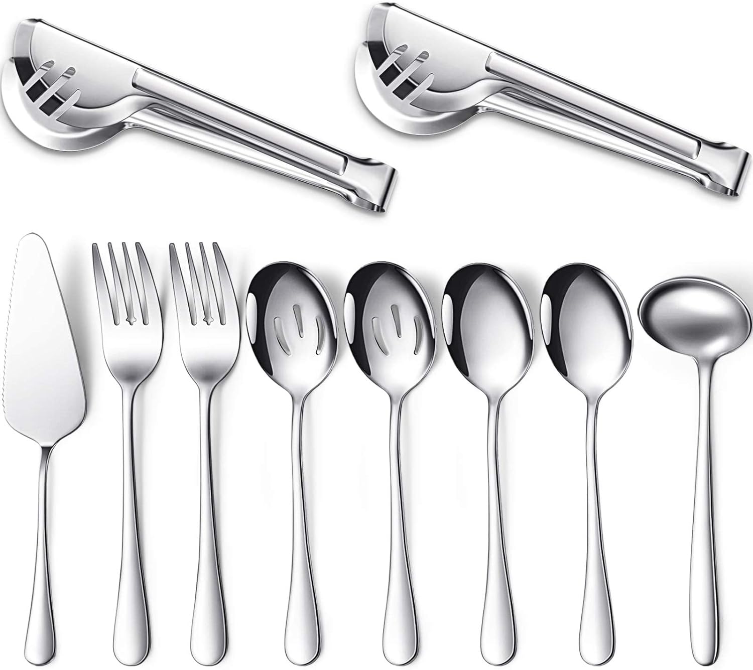 10-Piece Dishwasher Safe Silver Serving Utensil Set - Includes Spoons, Forks, Tongs, Ladle, and Pie Server