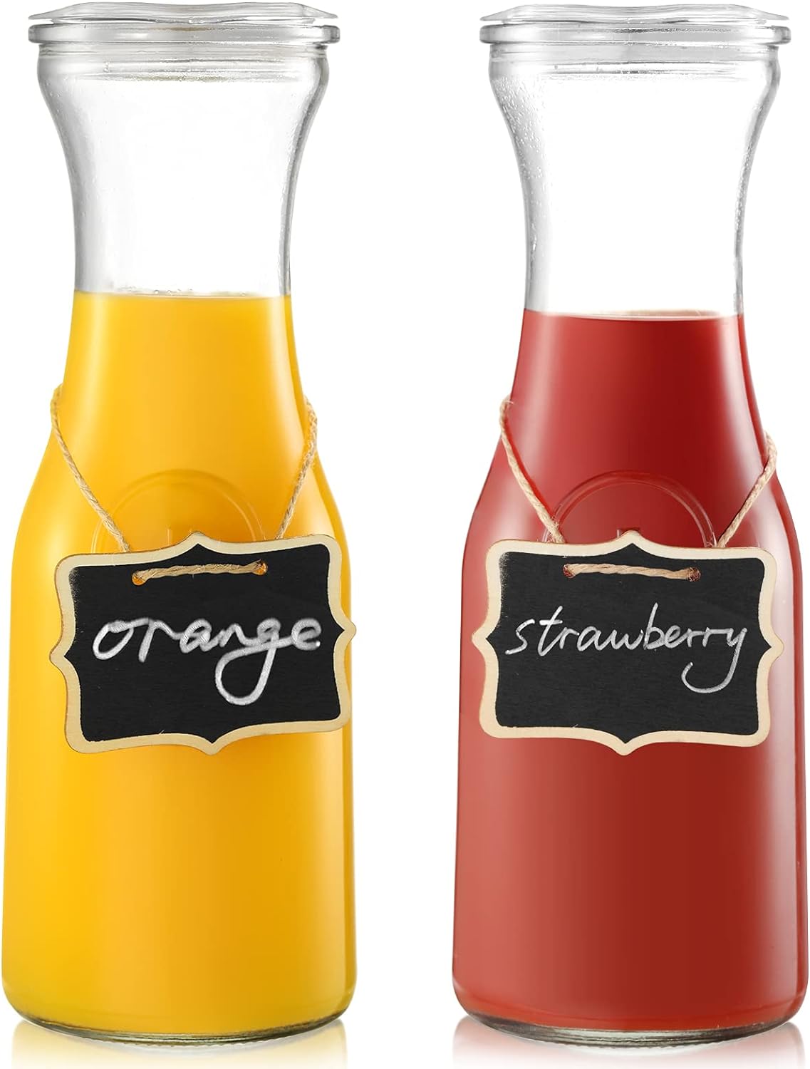 Set of 2 Glass Carafe with Lids, 1 Liter Water Pitcher Carafe for Mimosa Bar, Brunch, Cold Water, Beverage, Wine, Iced Tea, Lemonade - 2 Wooden Chalkboard Tags Included