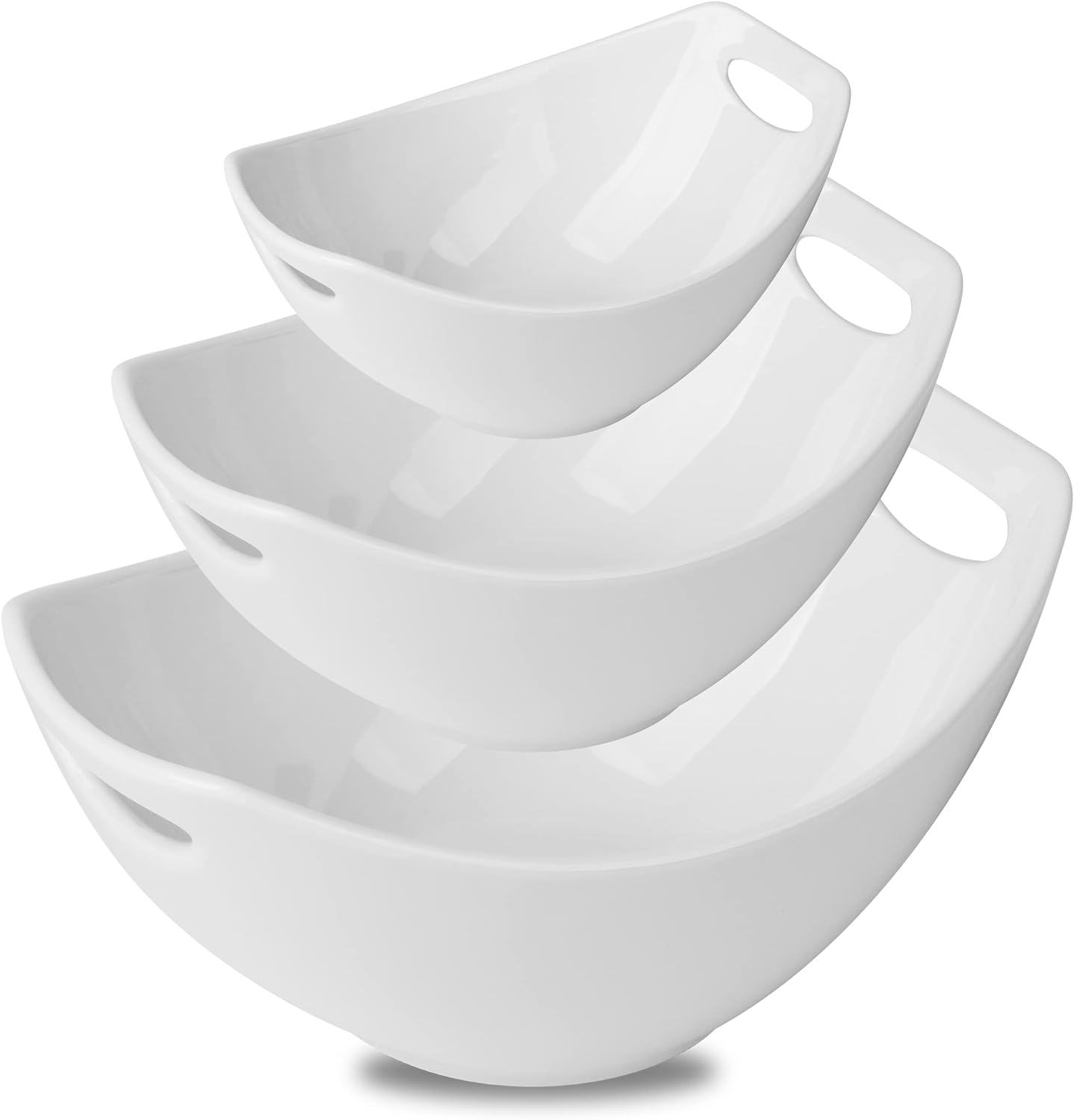 Gomakren Serving Bowls with Handles, Serving Dishes, Porcelain Salad Bowls Mixing Bowl for Entertaining, Nesting Bowl Set of 3, Microwave Dishwasher Safe, 15/28/47 oz, White Bowl Housewarming Gifts