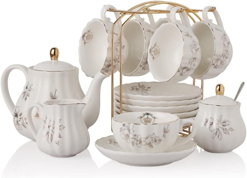 Porcelain Tea Sets British Royal Series, 8 OZ Cups & Saucer Service for 6, with Teapot Sugar Bowl Cream Pitcher Teaspoons and Tea Strainer, Suitable for High Tea, Wedding, PartyMorning glory