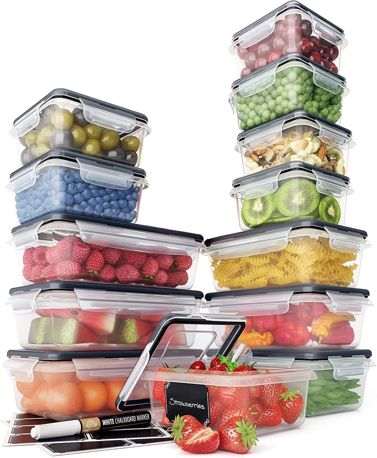 Chef' Path 28 Piece Food Storage Containers Set with 14 Easy Snap Lids + 14 Airtight Containers for Pantry & Kitchen Organization -Plastic, BPA-Free with Free Labels & Marker