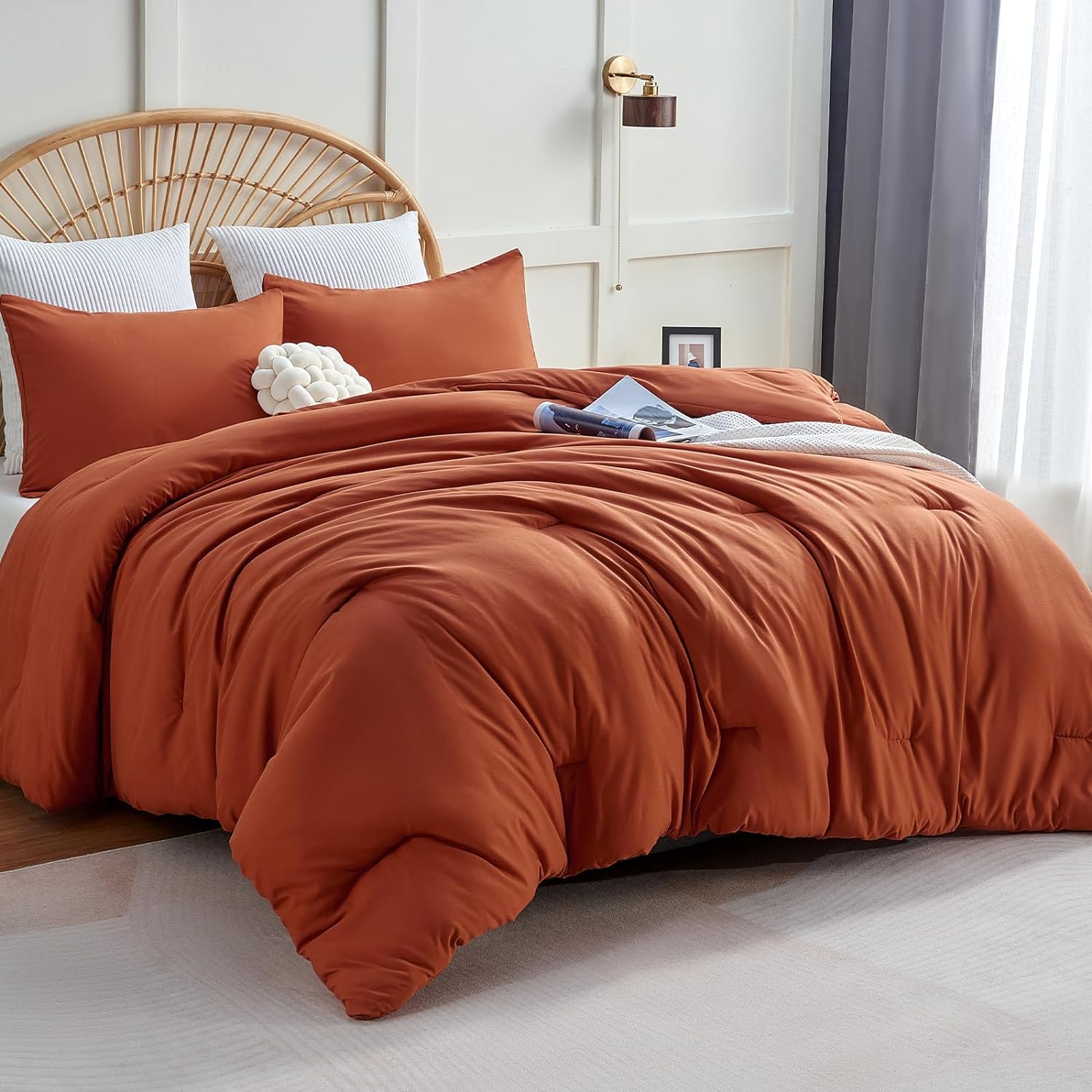 CozyLux Terracotta Comforter Set Queen Size, 3 Pieces Solid Burnt Orange Breathable Quilted Style Bedding Sets, Rust Luxury Fluffy Soft Microfiber Comforter for All Season(1 Comforter & 2 Pillowcases)