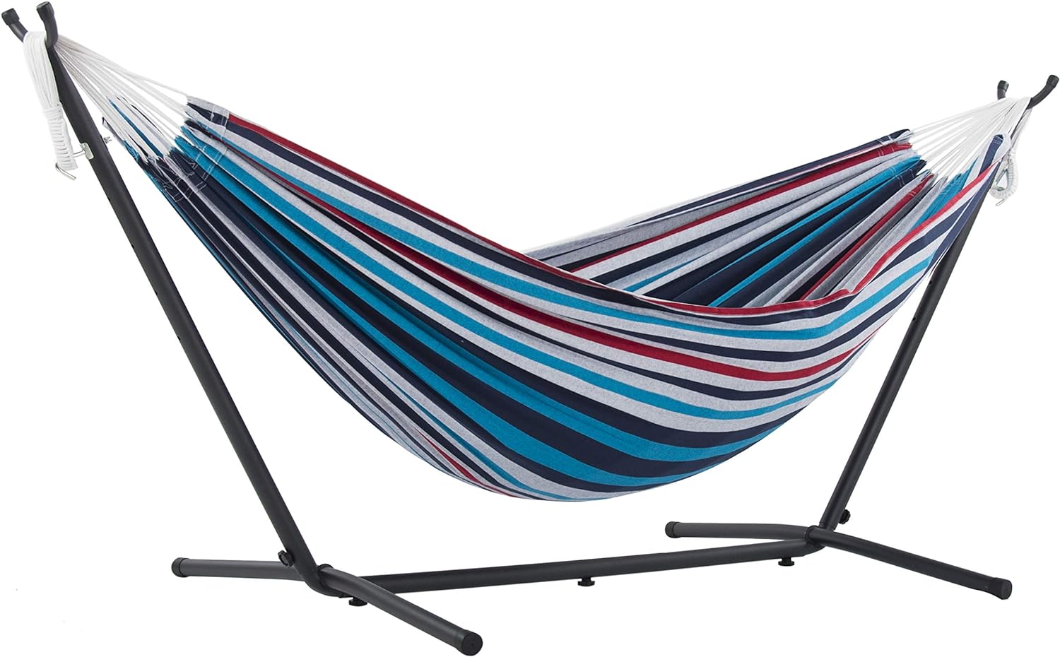 Vivere Double Cotton Hammock with Space Saving Steel Stand, Denim (450 lb Capacity - Premium Carry Bag Included), Denim with Charcoal Frame, 1 Count