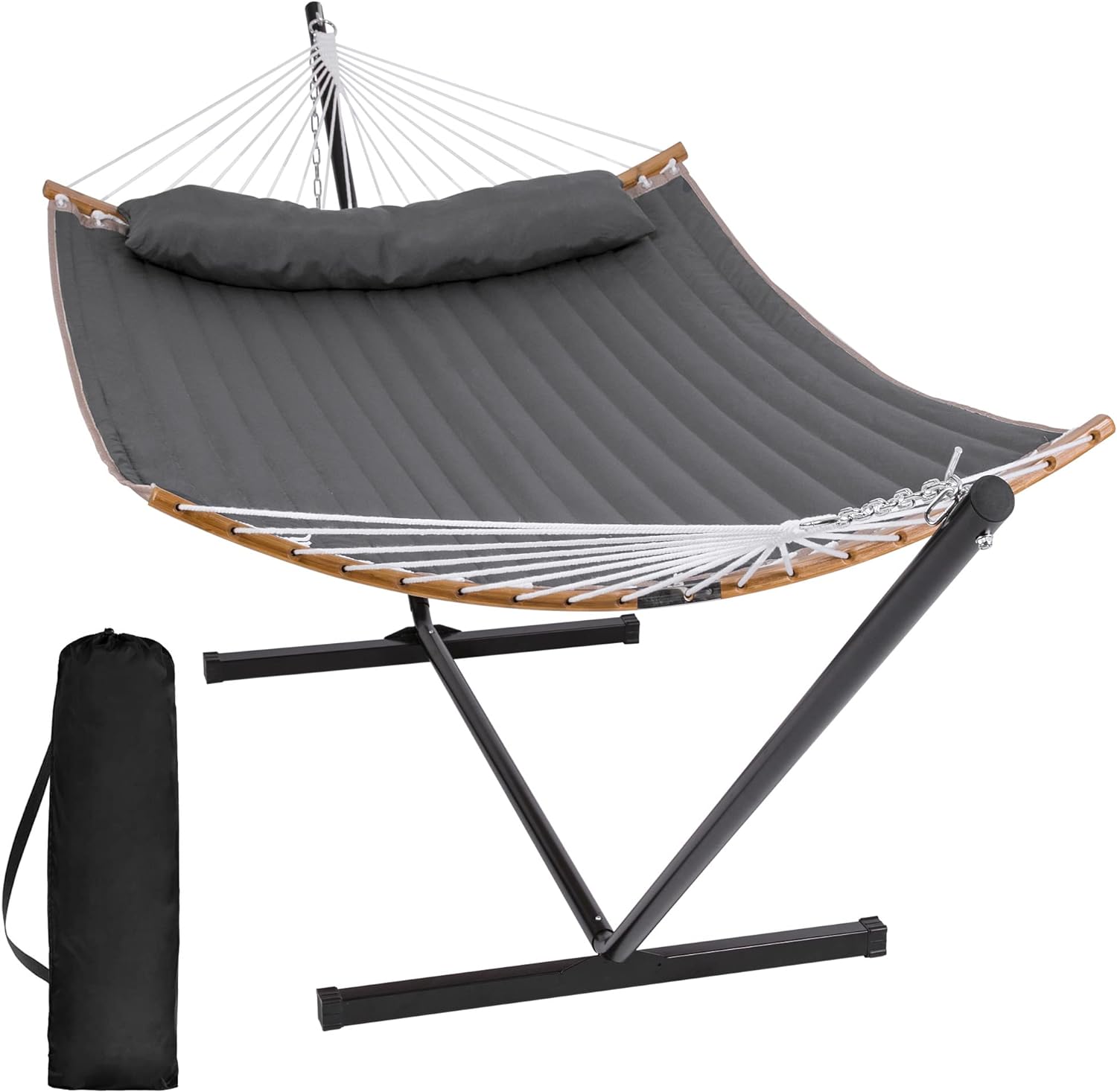 SUNCREAT Portable Hammock with Stand Included, Double Hammock with Curved Spreader Bar, Dark Gray