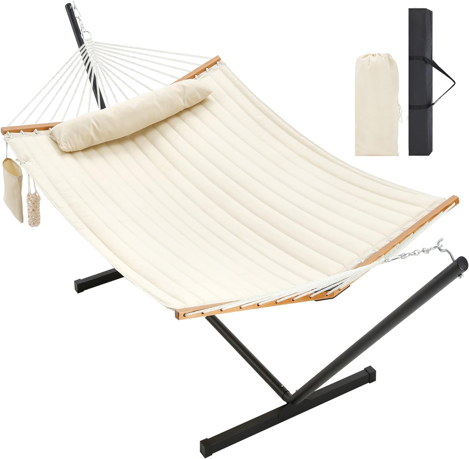 Two Person Hammock with Stand Heavy Duty, Outdoor Patio Hammock with Portable Steel Stand, Large Double Hammocks,480lbs Capacity.(Off White)