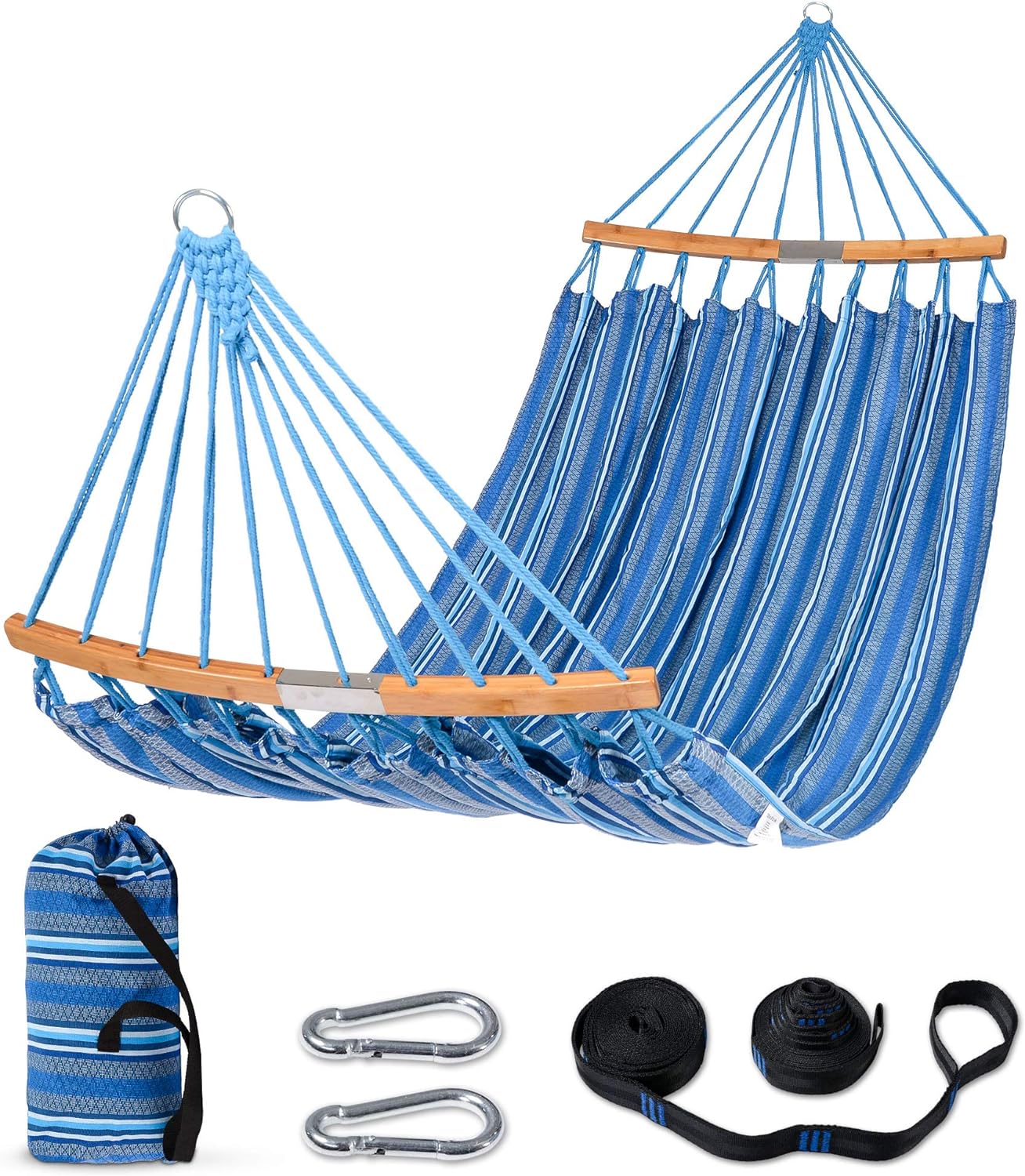 SUNCREAT Hammocks Double Hammock with Curved Spreader Bar, Outdoor Portable Hammock with Carrying Bag & Tree Straps for Bedroom, Patio, Backyard, Balcony, Max 450lbs Capacity, Blue