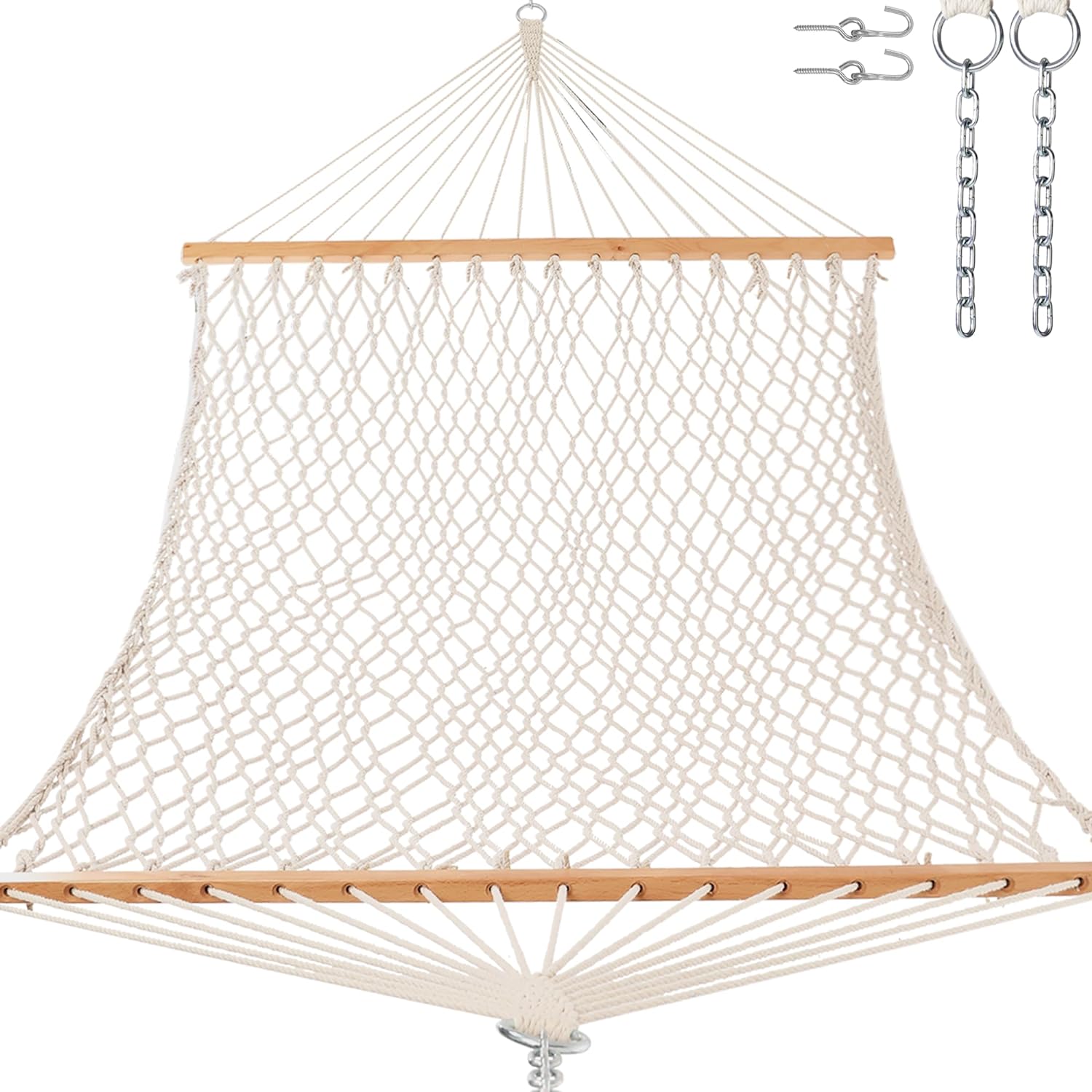 12ft Double Hammocks, Handwoven Traditional Cotton Rope Hammock with Hardwood Spreader Bar, Chains and Hooks for Indoor Outdoor, Max 450 lbs Capacity (Beige, Full)