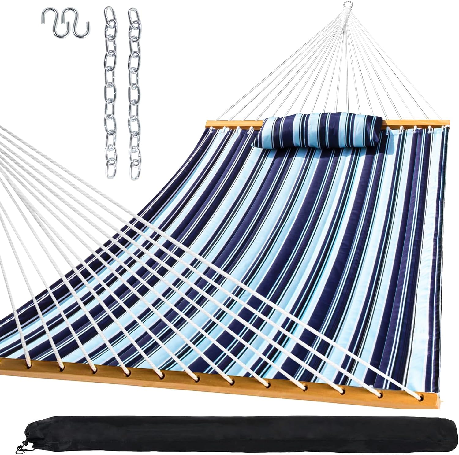 SZHLUX Outdoor Quilted Fabric Hammock with Spreader Bars and Detachable Pillow and Chains,Outdoor Patio Backyard Poolside, 450 LBS Weight Capacity, Catalina Beach