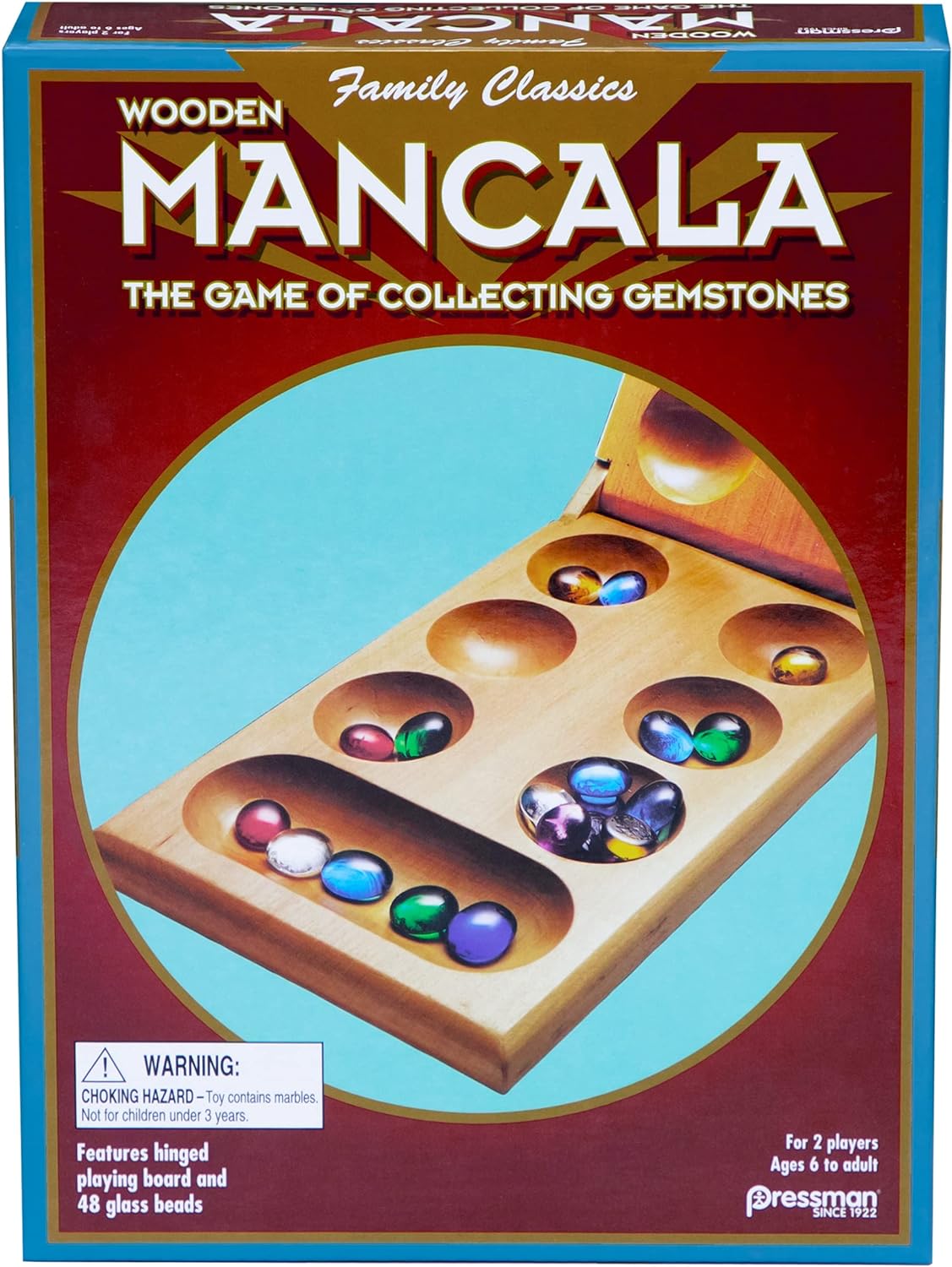 Pressman Mancala - Real Wood Folding Set, with Multicolor Stones by Pressman, 2 players