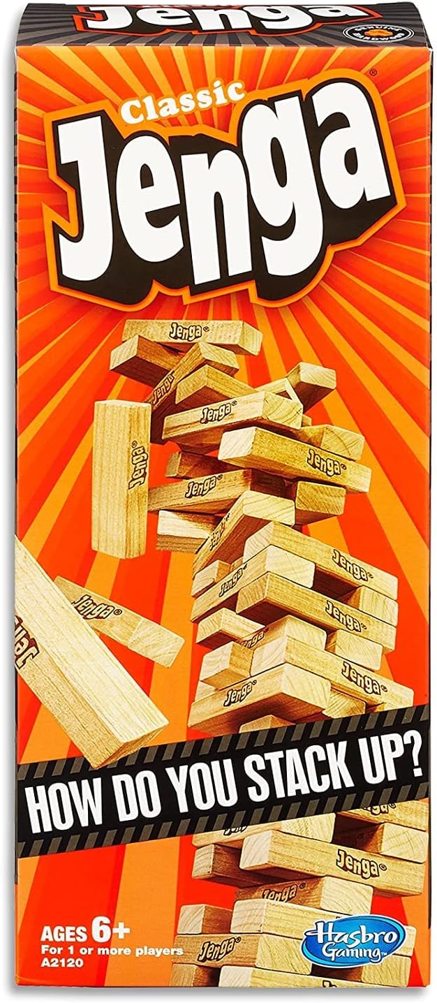 Hasbro Gaming Jenga Classic Game with Genuine Hardwood Blocks, Stacking Tower Game for 1 or More Players, Kids Easter Basket Stuffers, Ages 6+