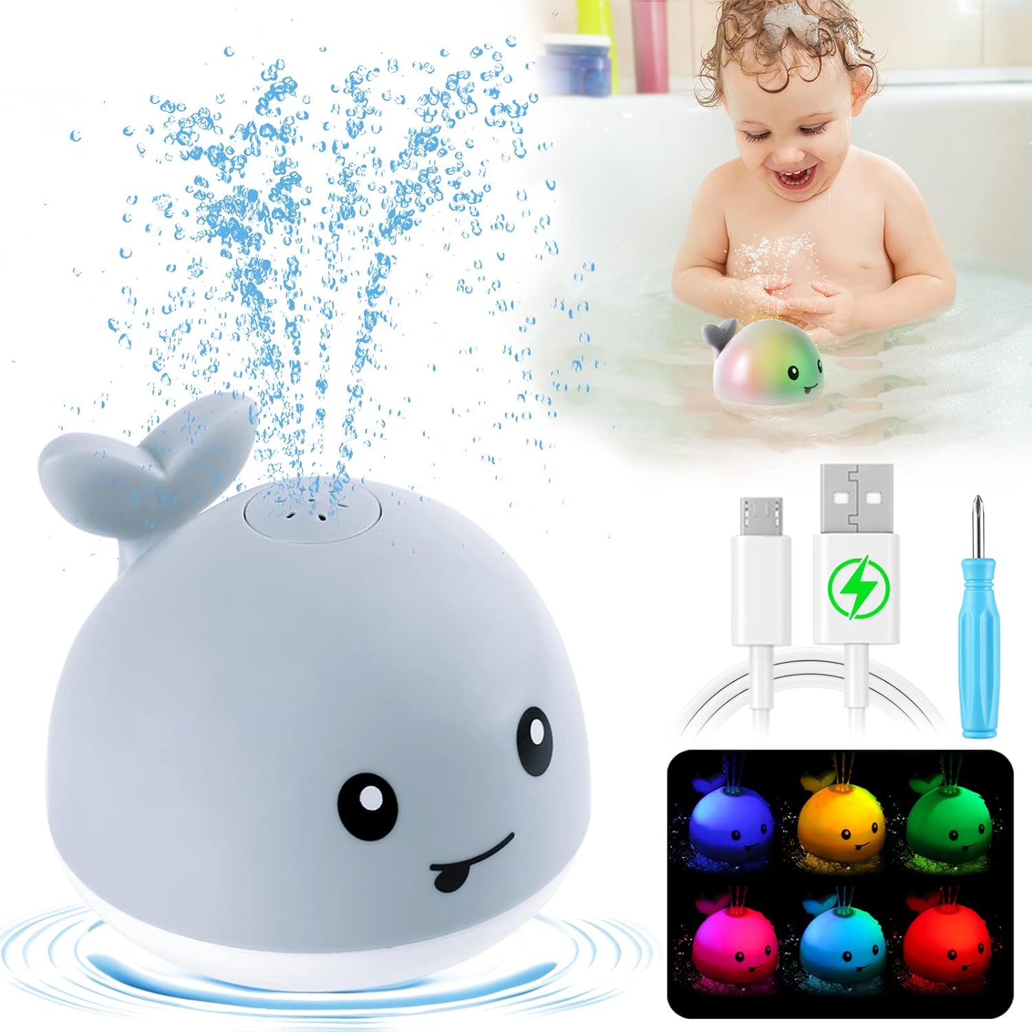 Gigilli Baby Bath Toys, Rechargeable Whale Baby Toys, Light Up Bath Toys Sprinkler, Pool Bathtub Toys for Toddlers Infants Kids 1-3, Spray Water Baby Easter Birthday Shower Gifts