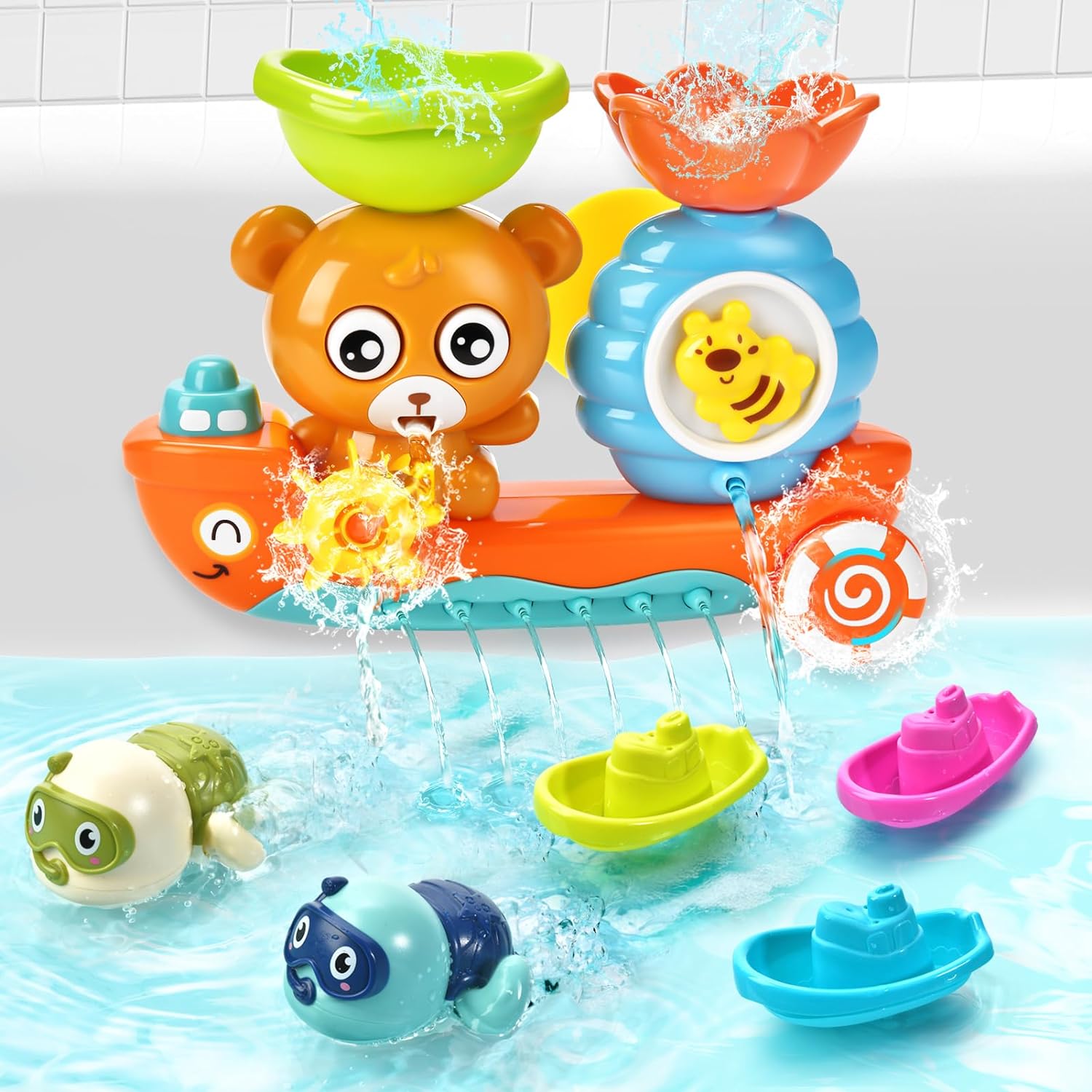 Baby Bath Toys Toddlers 1-3 Bear Kids Bath Tub Toys with 2 Turtle Swimming Wind up Water Toys & 3 Floating Boat Bathtub Toys for Infants Boys Girls 18+ Months Gifts Box Set