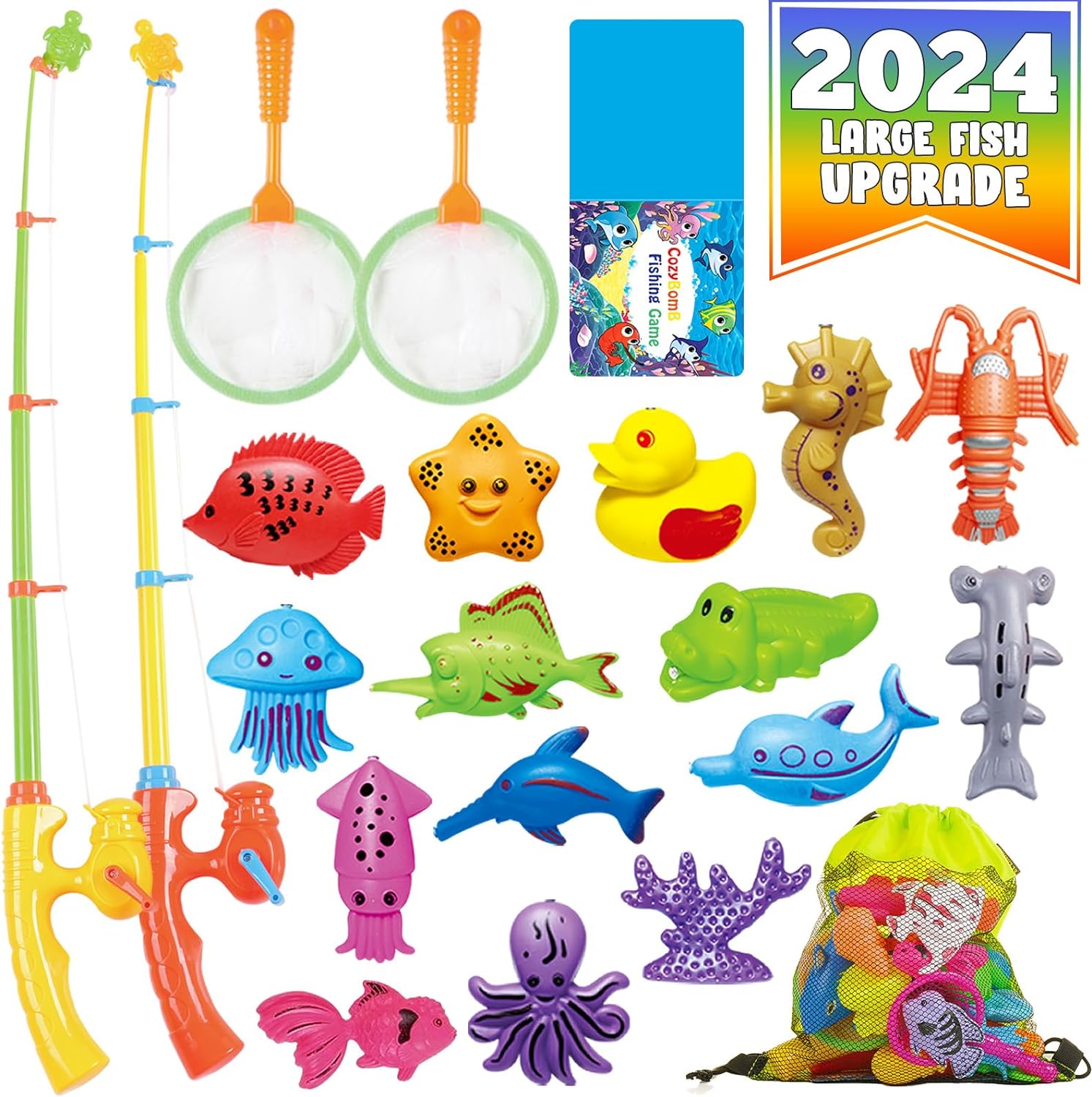 CozyBomB Magnetic Fishing Toys Game Set for Kids | Water Table Bathtub Kiddie Pool Party with Pole Rod Net, Plastic Floating Fish-Toddler Color Ocean Sea Animals Age 3 4 5 6 Year