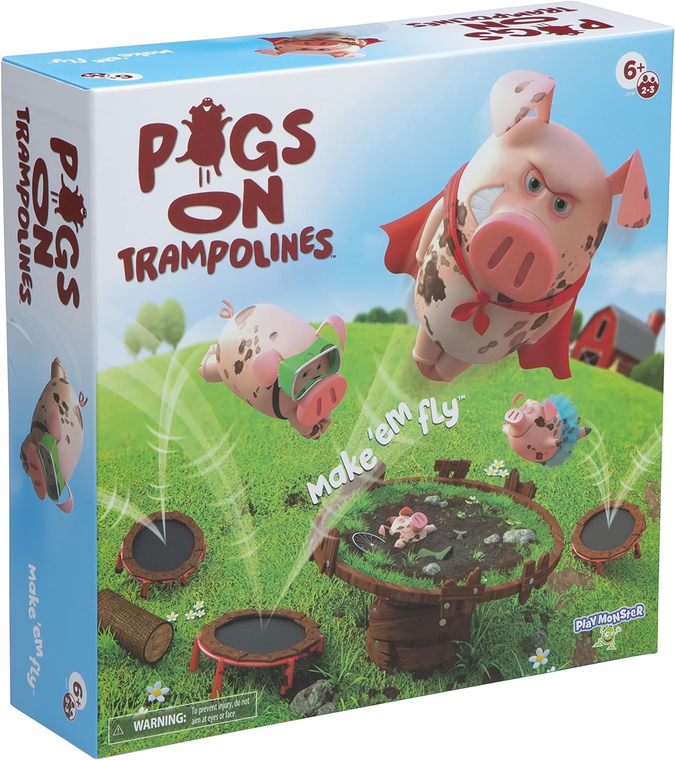 Pigs on Trampolines - Family Game - Skill & Action - Bounce Pigs into Mud - 2 to 3 Players - for Ages 6 