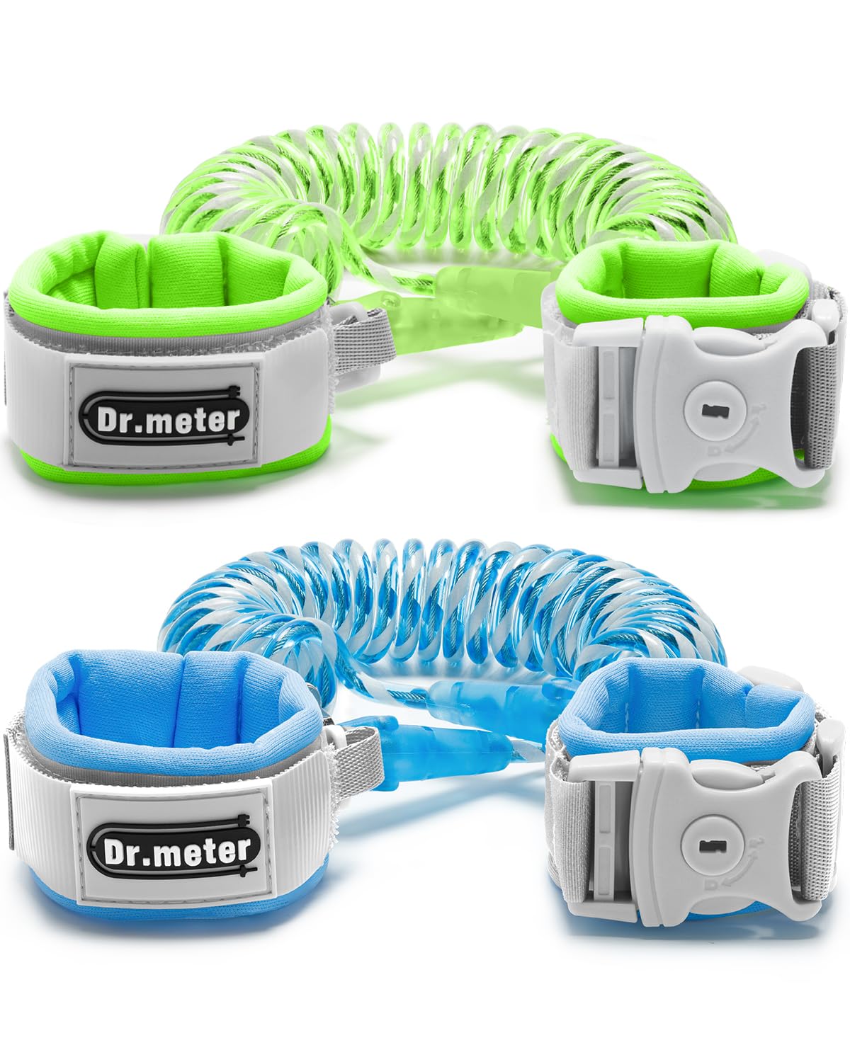 Dr.meter Anti Lost Wrist Link, 2 Pack Toddler Safety Leash with Key Lock, Reflective Child Walking Harness - Dual 8.2ft Length Blue & Green Kids Leash for Supermarket Mall Airport Amusement Park Zoo