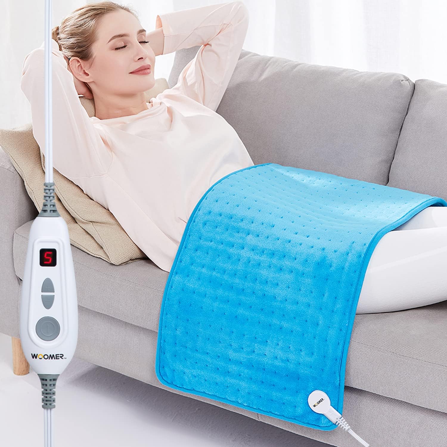 [5 Year Warranty] WOOMER Electric Heating Pad for Back Pain & Cramps Relief, 33x17 Extra Large, Heat Pad with Multi-Color Option, Moist Heat Therapy Feature, Auto Shut-Off, Power Cords Storage Belt