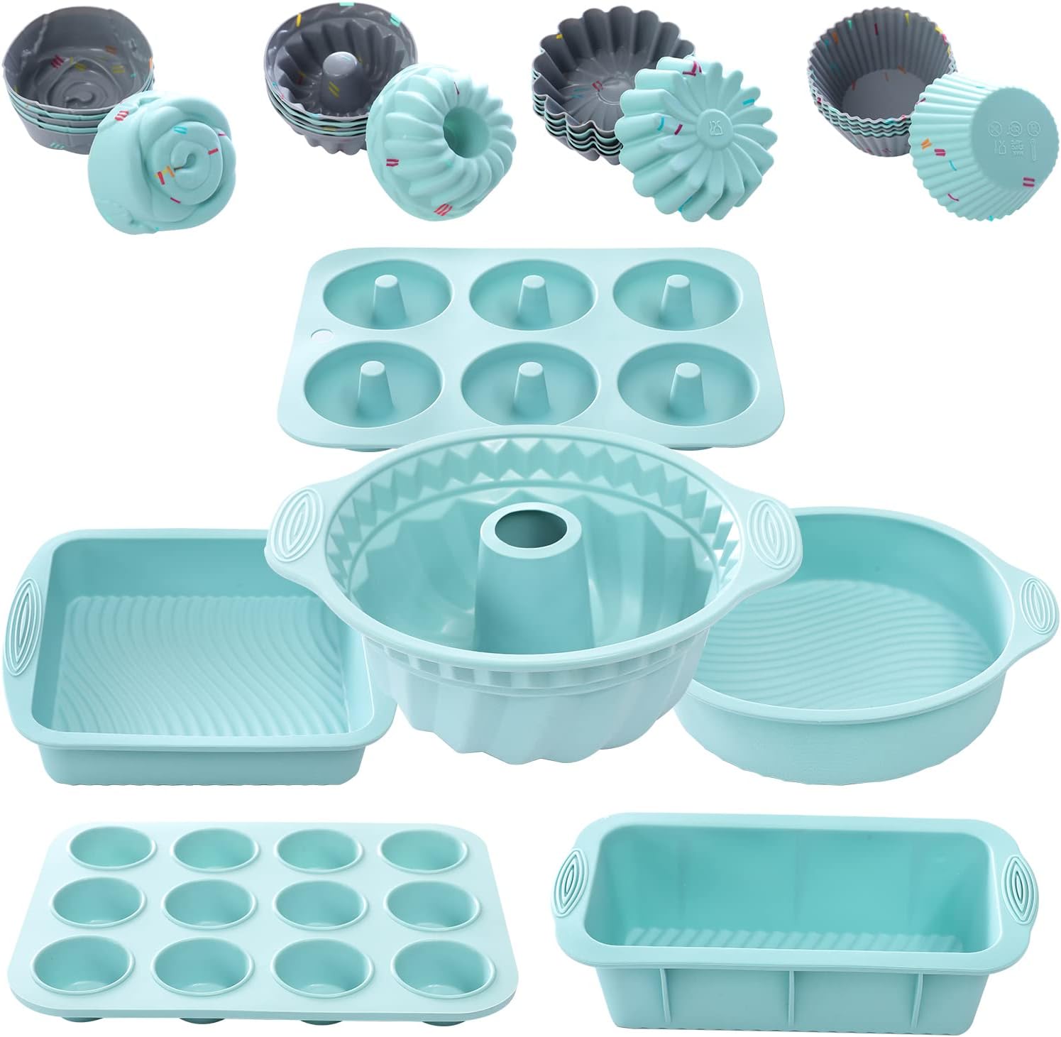 30pcs Nonstick Silicone Bakeware Set With Baking Pan, Silicone Cake Molds, Baking Sheet, Donut Pan, Silicone Muffin Pan,Cake Pan, And 24 Pack Silicone Cupcake Mold Baking Cups