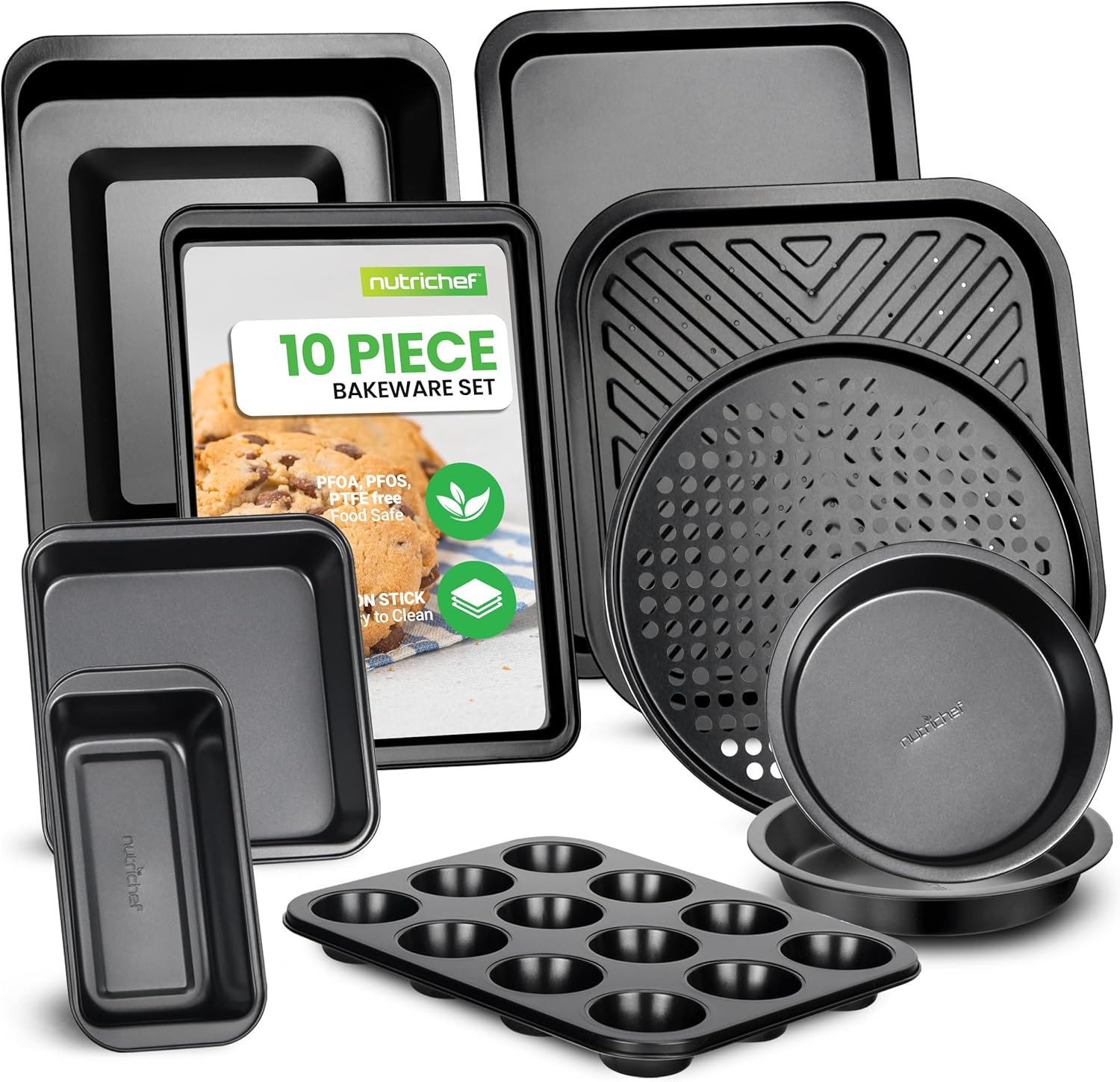 NutriChef 10-Piece Kitchen Oven Baking Pans - Deluxe Carbon Steel Bakeware Set with Stylish Non-stick Gray Coating Inside and Out, Dishwasher Safe & PFOA, PFOS, PTFE Free - NutriChef,Black