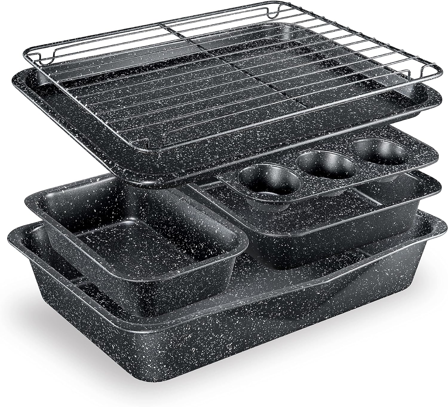 Granitestone Black 6 Pc Stackable Nonstick Bakeware Set With Oven Pans, Baking Sheet, Wire Rack - Complete Kitchen Baking Set, Oven/Dishwasher Safe, 100% Non Toxic