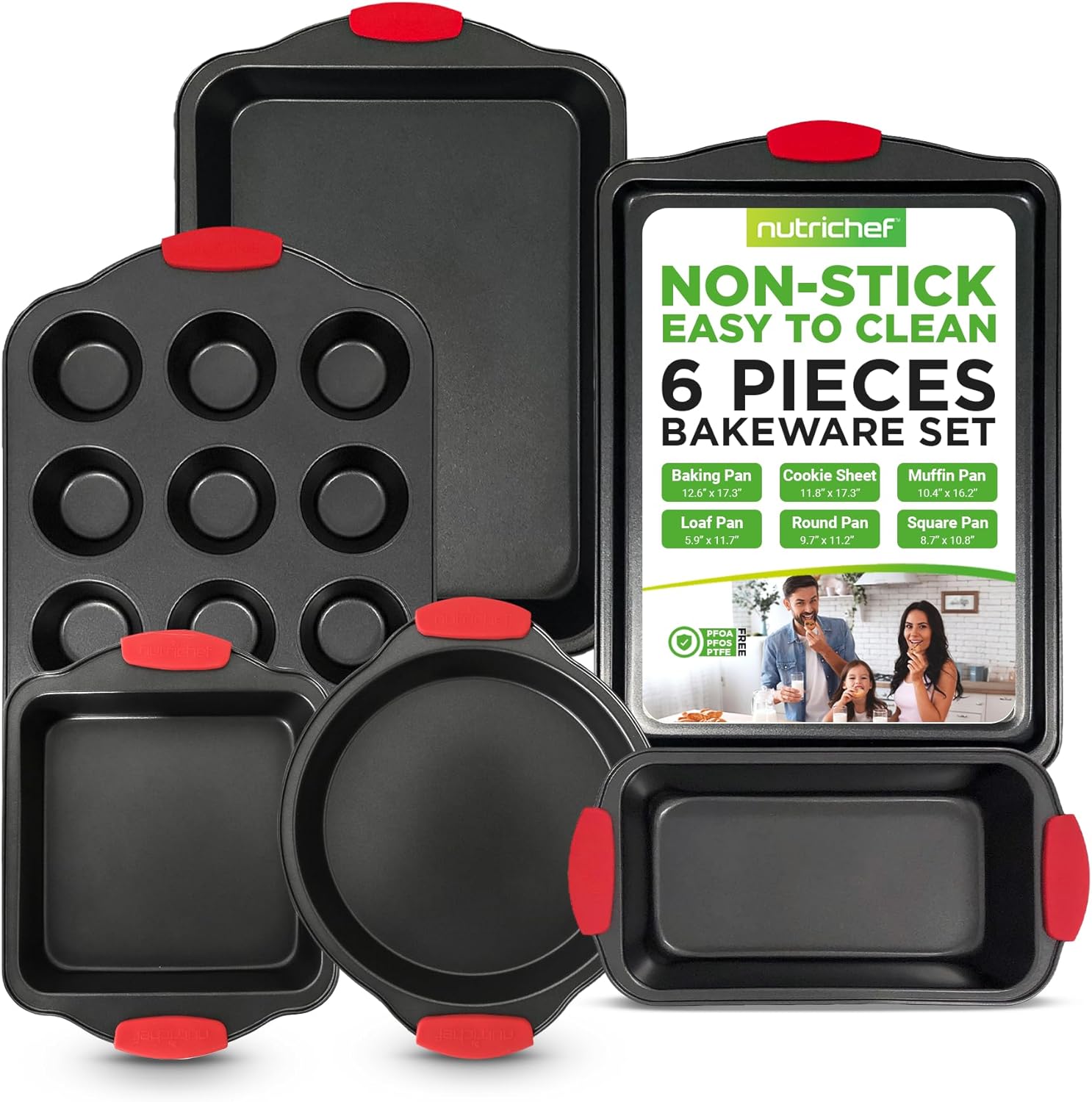 NutriChef 6-Piece Nonstick Bakeware Set - Carbon Steel Baking Tray Set w/ Heatsafe Red Silicone Handles, Oven Safe Up to 450F, Loaf Muffin Round/Square Pans, Cookie Sheet, Baking Pan -NCSBS6S,Black