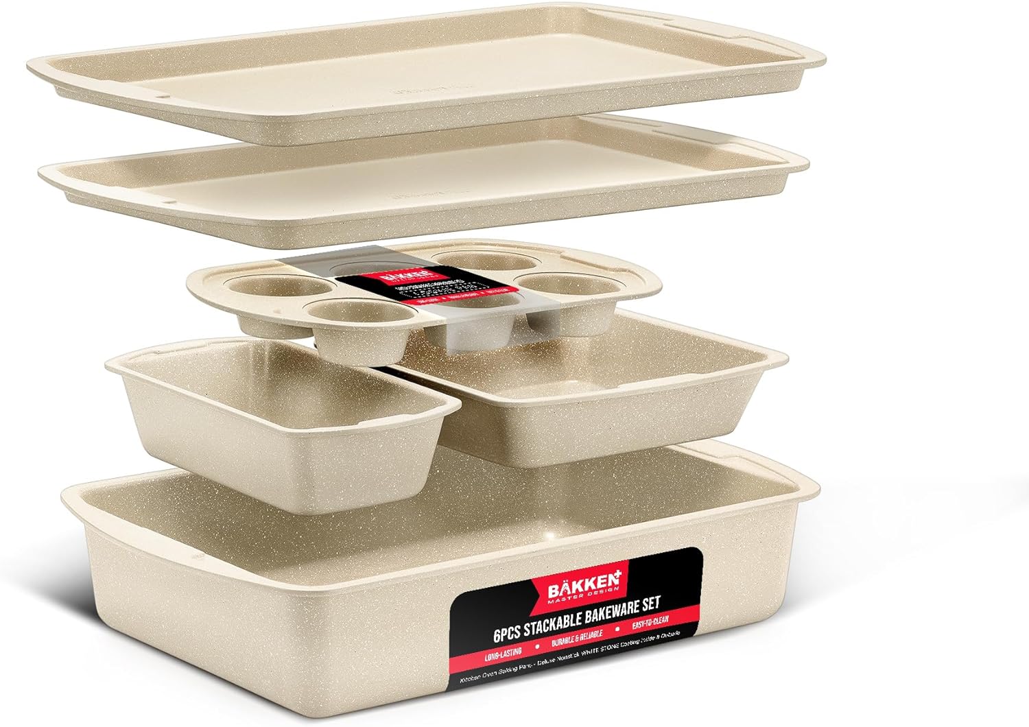 Bakken Swiss - Bakeware Set  6 Piece  Stackable, Deluxe, Non-Stick Baking Pans for Professional and Home Cooking  Carbon Steel, White Stone Coating