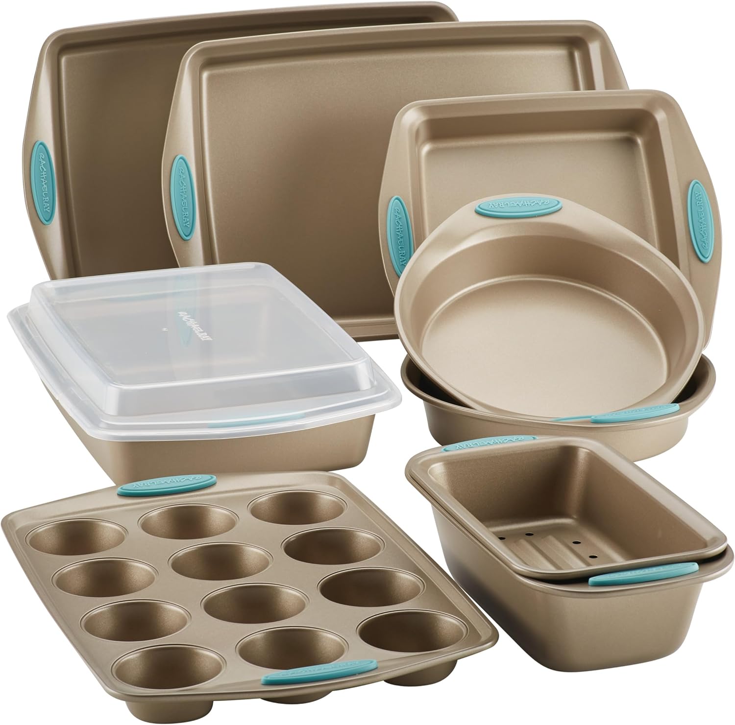 Rachael Ray 47578 Cucina Nonstick Bakeware Set with Grips Includes Nonstick Bread Pan, Baking Sheet, Cookie Sheet, Baking Pans, Cake Pan and Muffin Pan - 10 Piece, Latte Brown with Agave Blue Grips