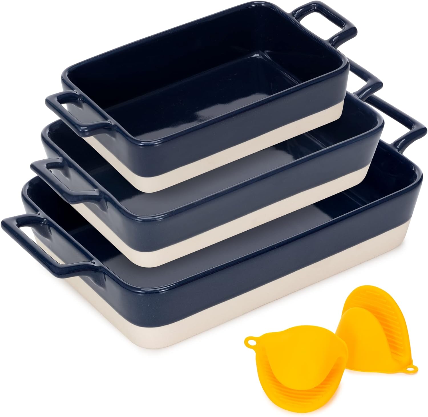 Casserole Dish Set - 3 Ceramic Baking Dishes for Oven with Silicone Oven Mitt - Rectangular Bakeware is Microwave, Freezer and Dishwasher Safe - Cooks Evenly and Saves Space with Nesting Design