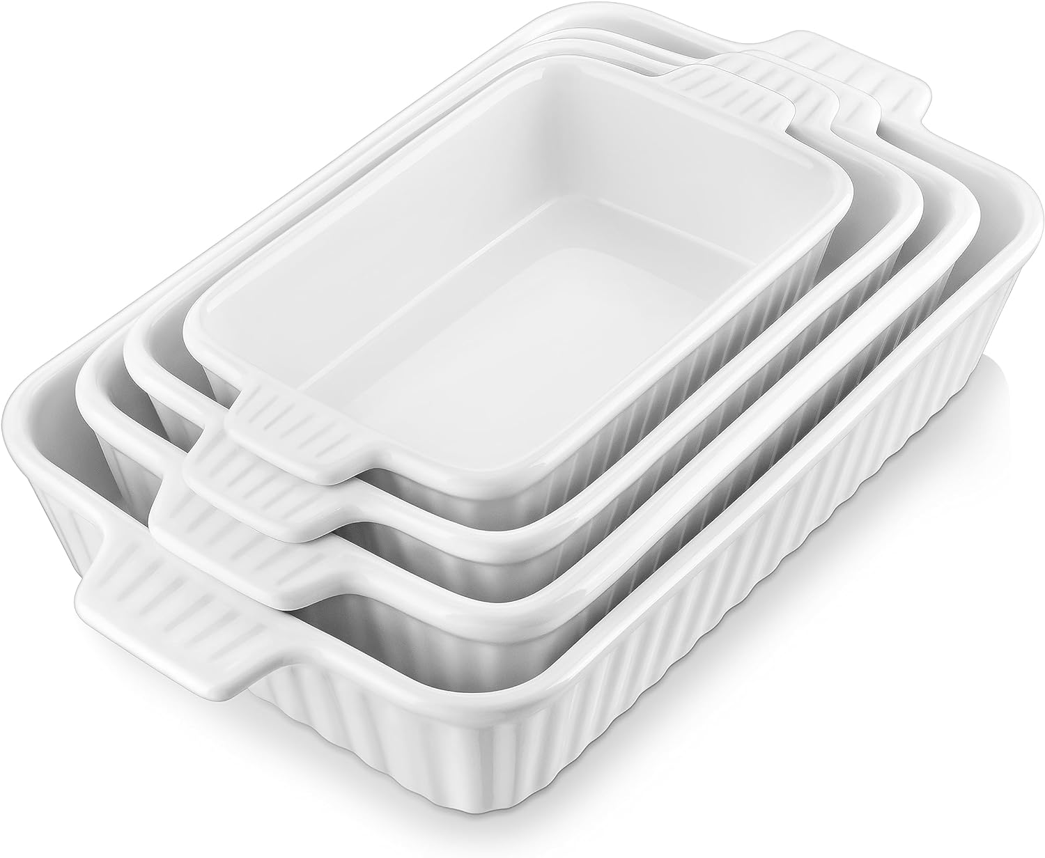 MALACASA Casserole Dishes for Oven, Porcelain Baking Dishes, Ceramic Bakeware Sets of 4, Rectangular Lasagna Pans Deep with Handles for Baking Cake Kitchen, White (9.4/11.1/12.2/14.7), Series