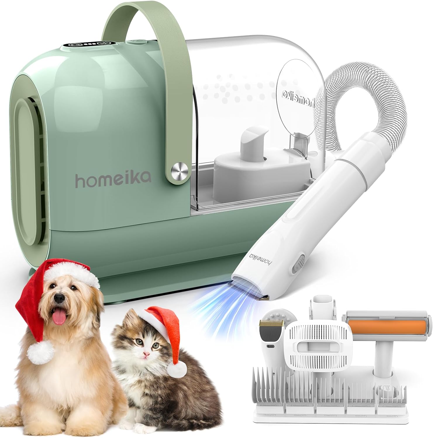 Homeika Pet Grooming Kit & Vacuum 99% Pet Hair Suction, 7 Pet Grooming Tools, 5 Nozzles, 3L Cup, Storage Bag, Dog Grooming Vacuum with Hair Roller/Massage Nozzle/Shedding Brush for Dog, Cat, Green