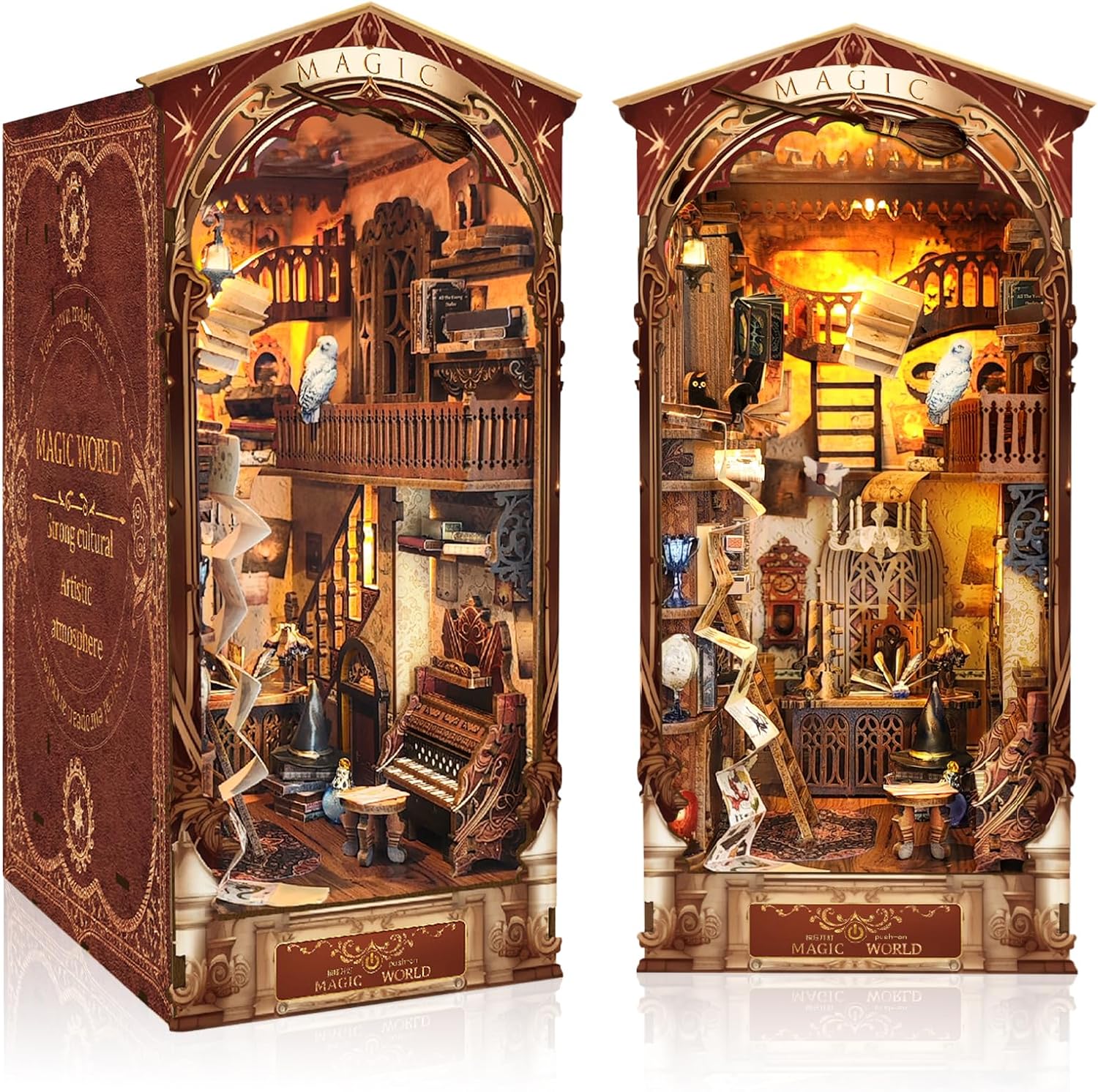 DIY Miniature Book Nook Kit - 3D Model Wood Doll House Toy with LED Light for Adults Teen, Building Mini Dollhouse Bookends Decor Boy Girls Gifts (Magic World)