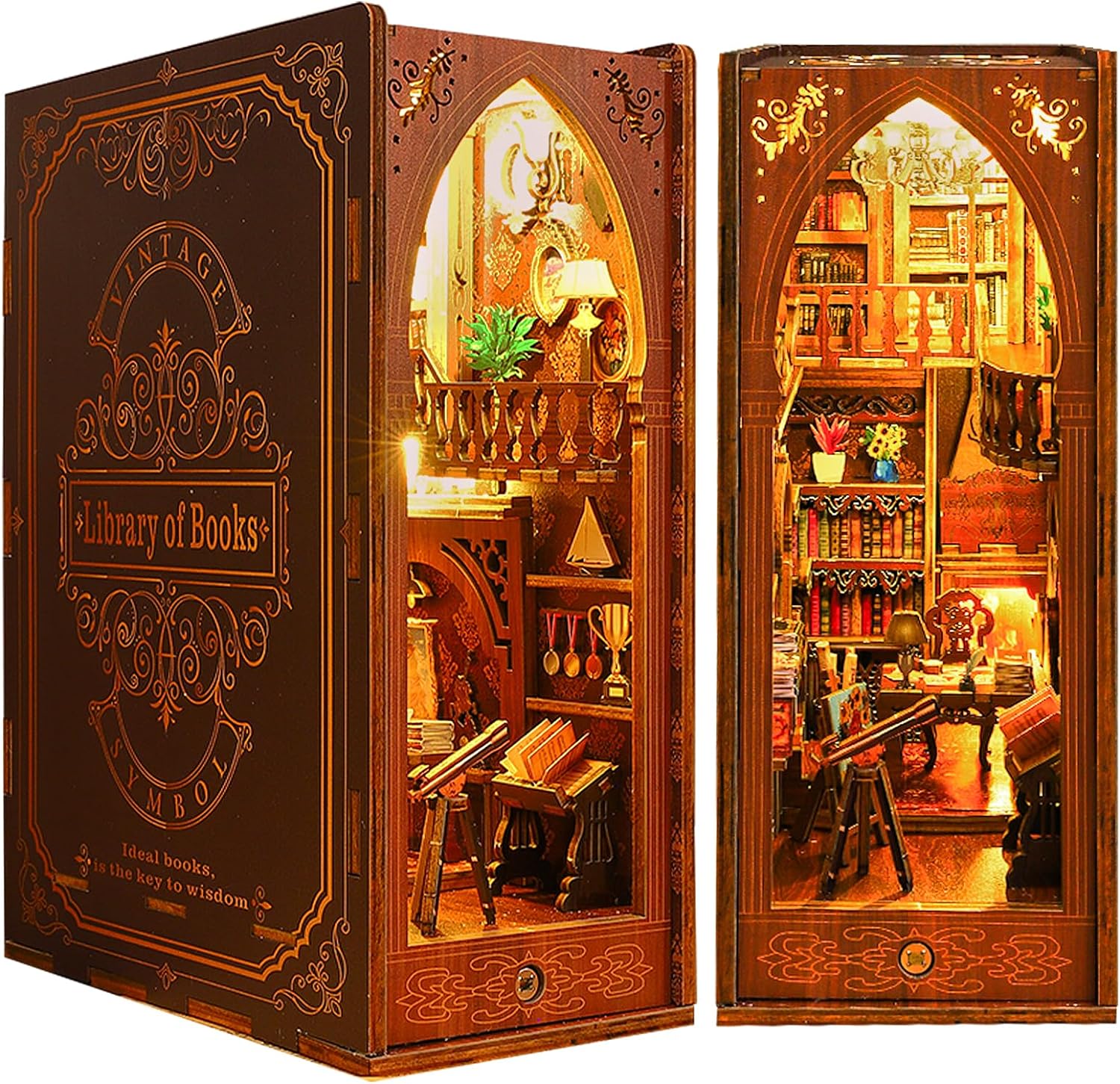 DIY Miniature Book Nook Kit - 3D Model Wooden Dollhouse Puzzle Toy with LED Light for Adults Teen, Building Mini Doll House Bookends Shelf Decor Boy Girls Gifts (Library of Books)